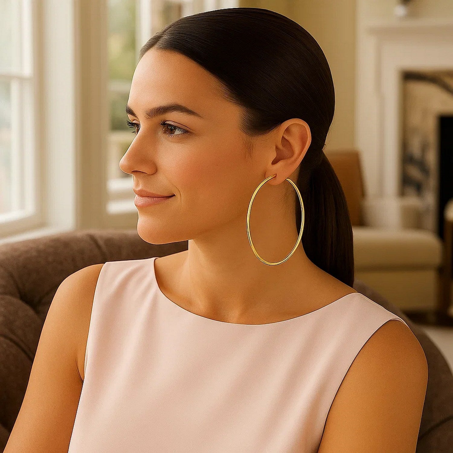 14k yellow gold polished hoop earrings with a sleek, minimalist design, perfect for elegant everyday wear.