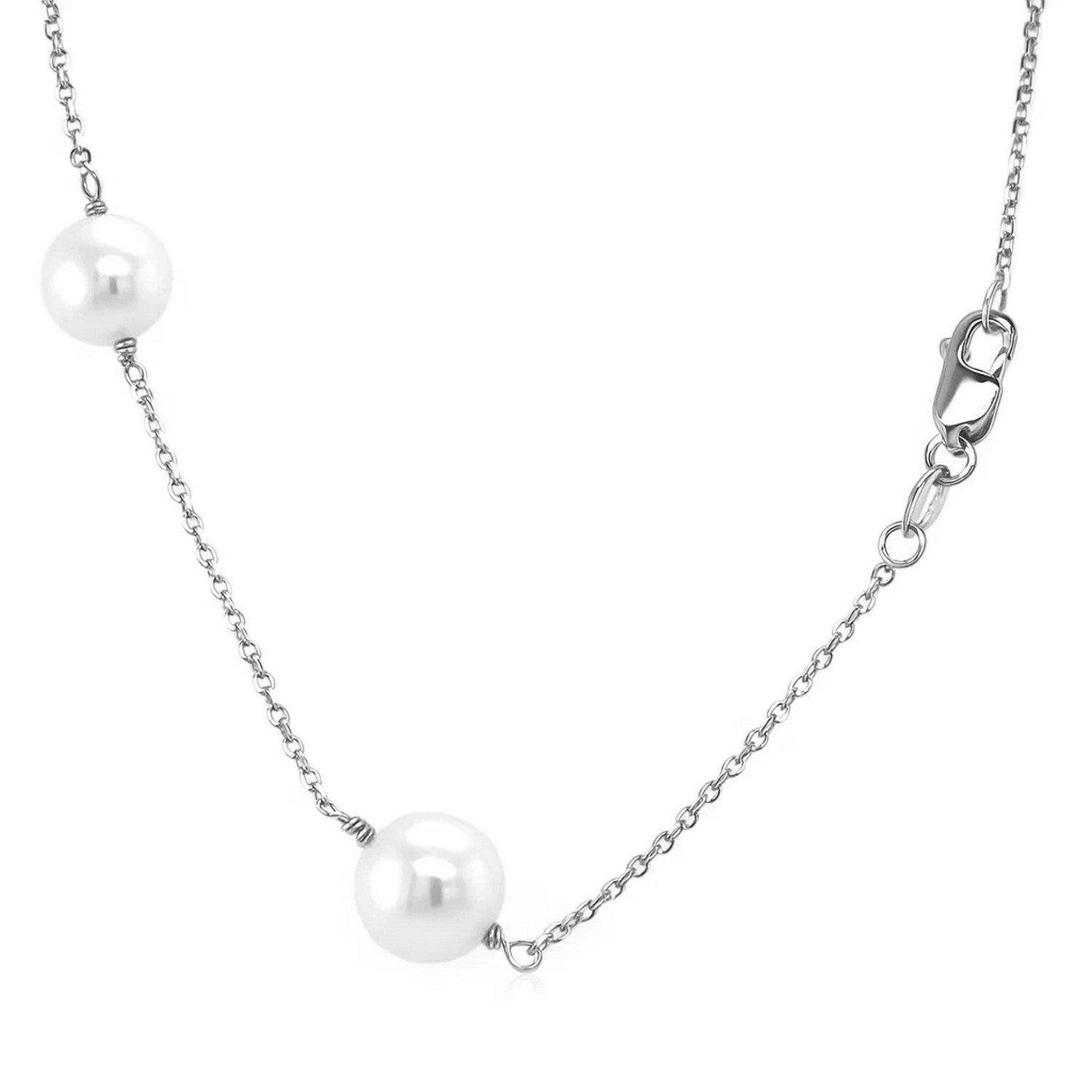 14k white gold necklace featuring lustrous white pearls on a modern round chain, exuding elegance and sophistication.