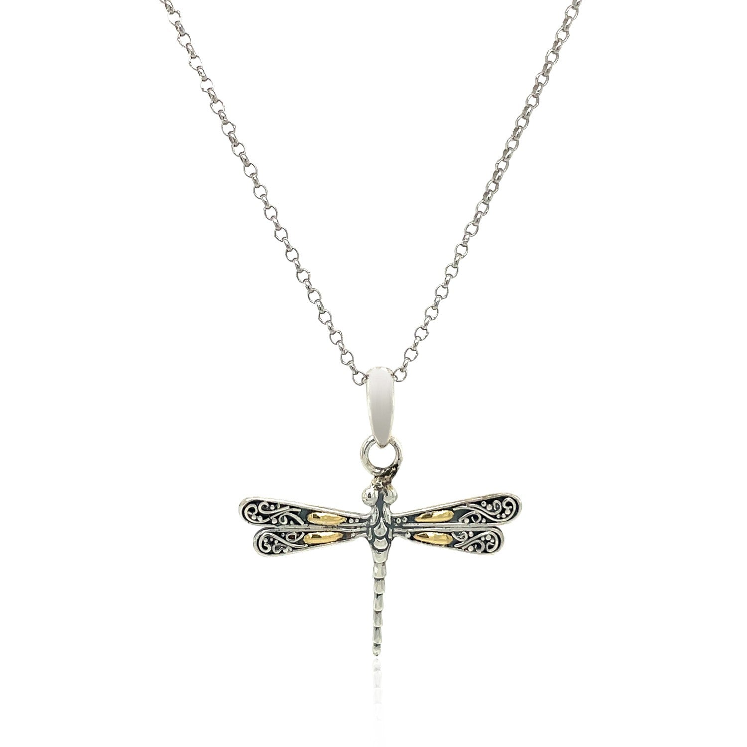 Elegant 18k yellow gold and sterling silver dragonfly pendant with delicate chain, showcasing exquisite craftsmanship.