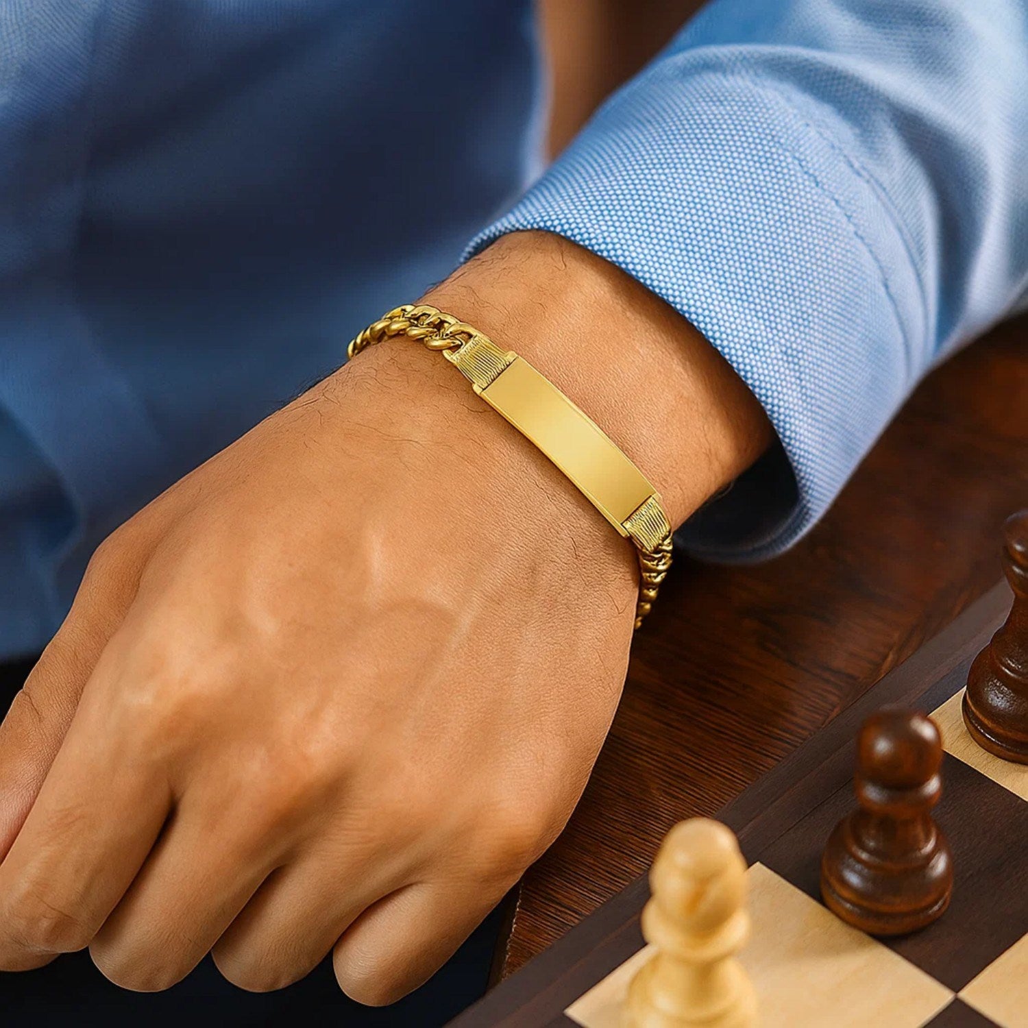 14K yellow gold Lite Cuban ID bracelet featuring a modern chain link design, perfect for elegant everyday wear.