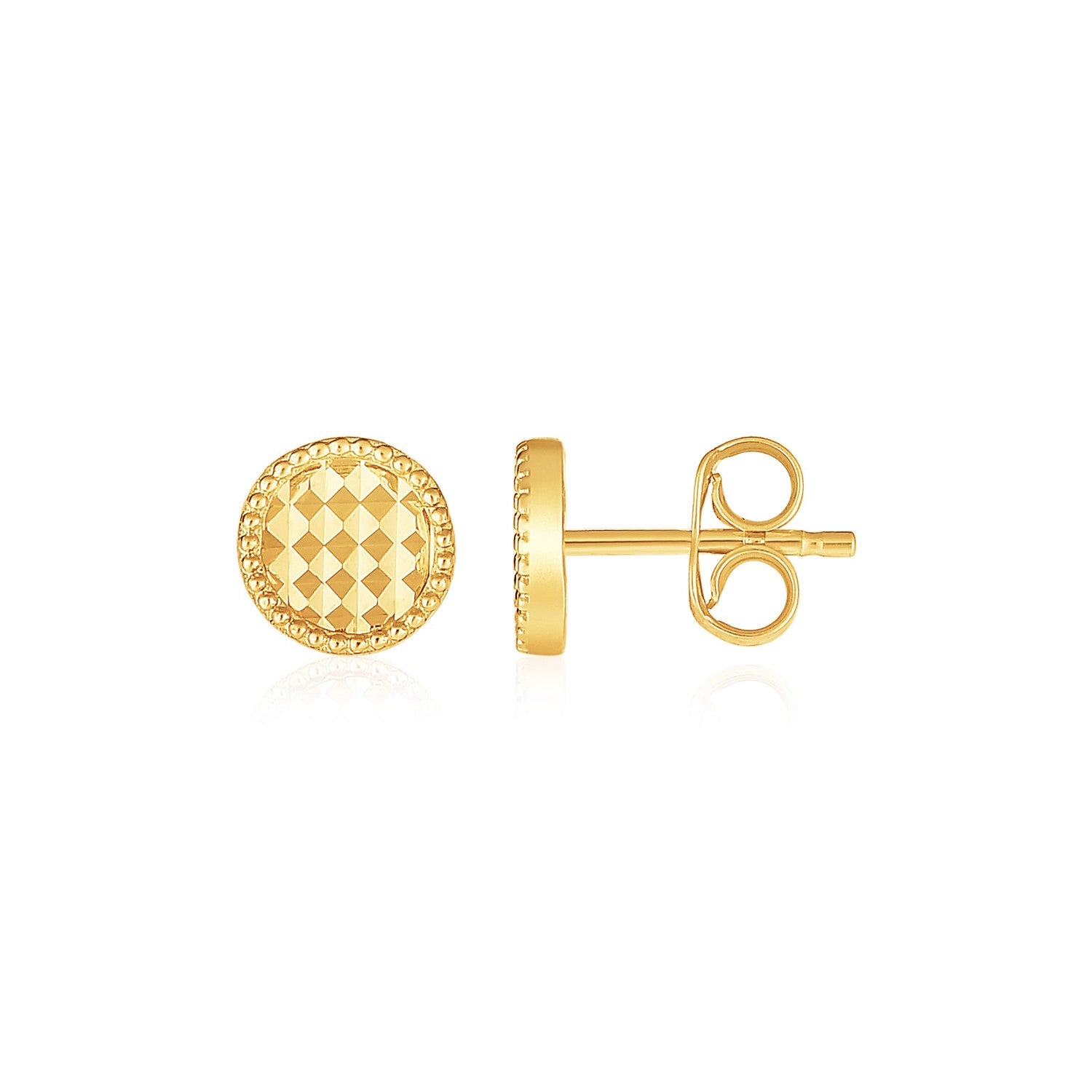 14k yellow gold textured circle earrings with a modern design, perfect for elegant everyday wear.