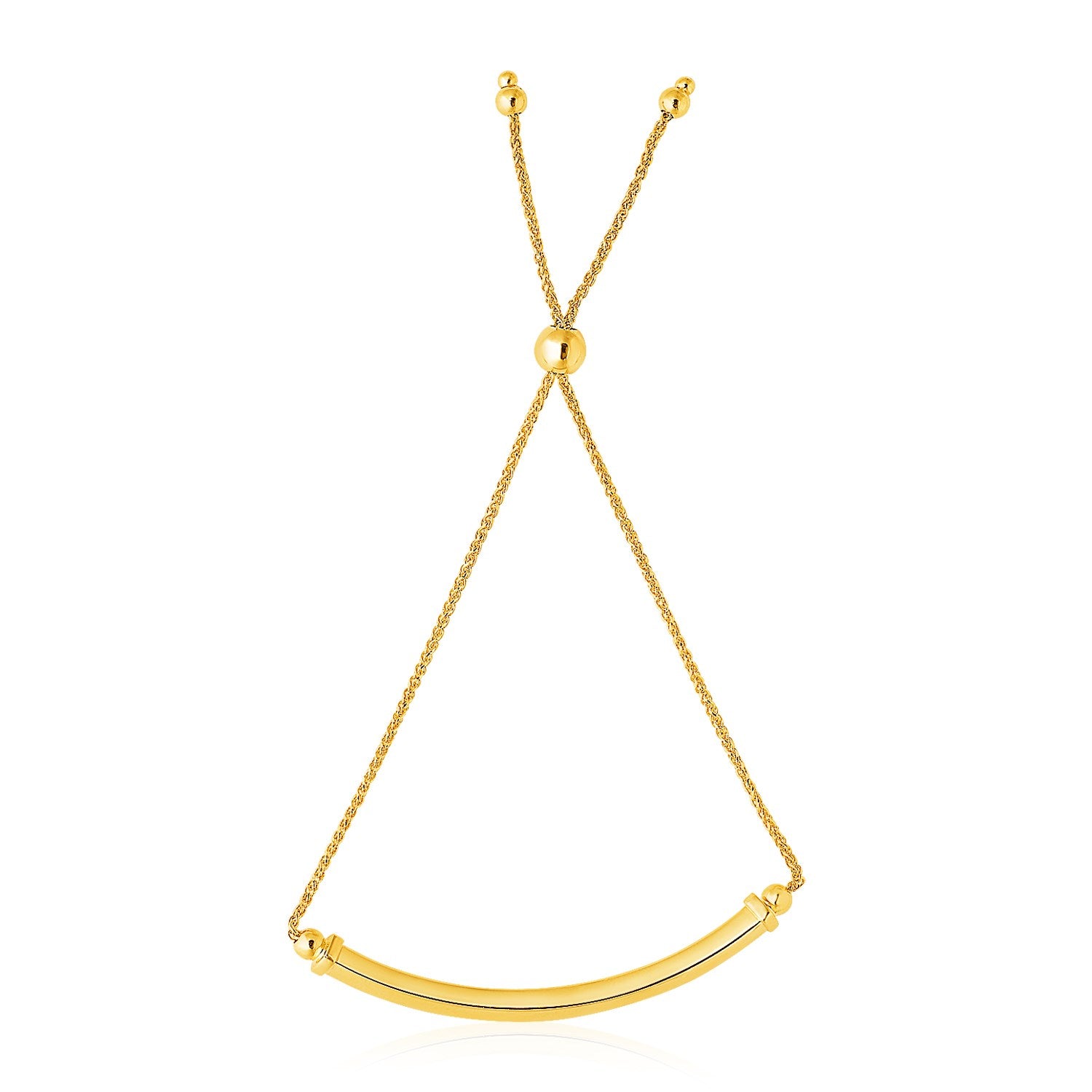 14k yellow gold lariat bracelet featuring a polished curved bar for a modern, elegant touch.