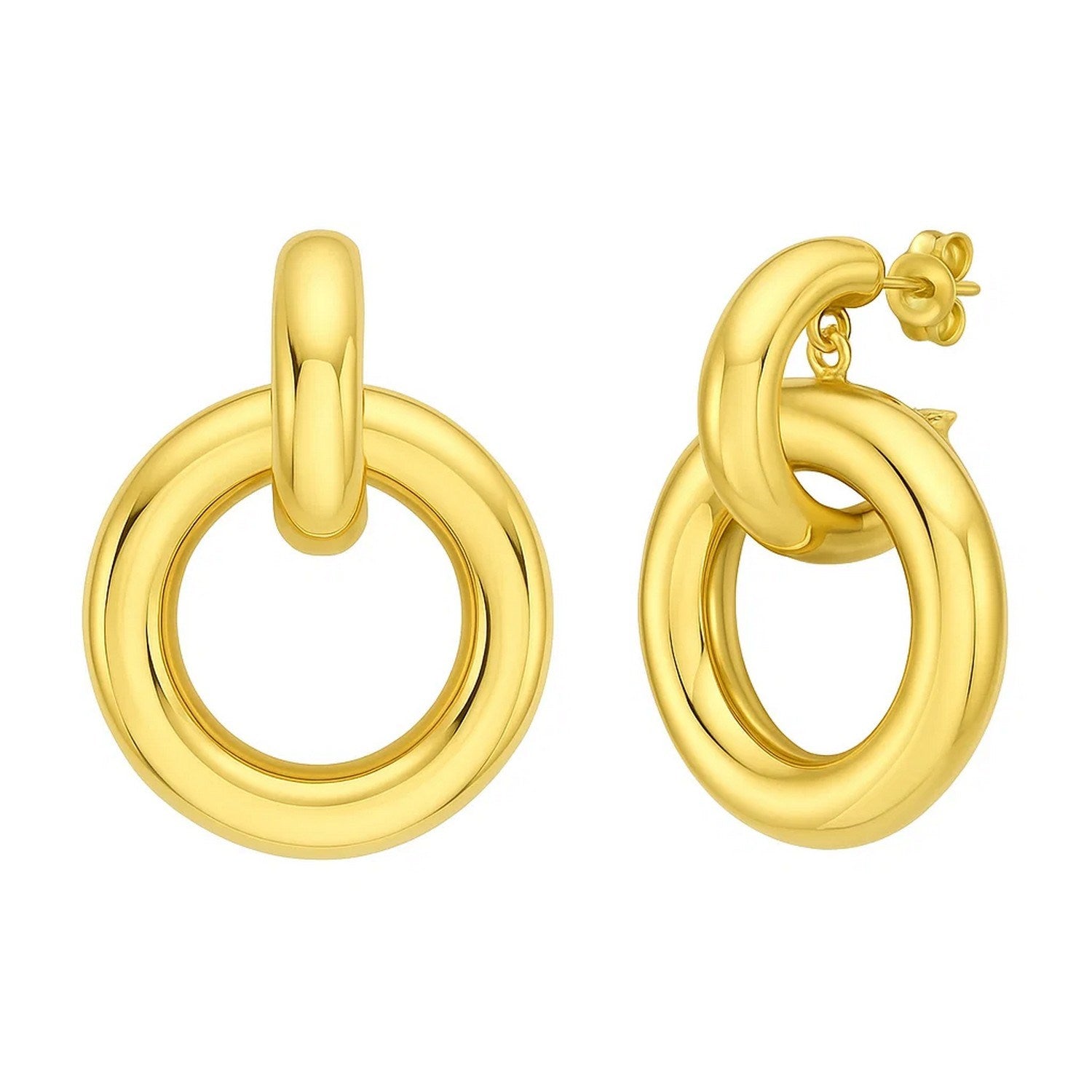 14k yellow gold polished round linked hoop earrings with modern design, perfect for elegant occasions.