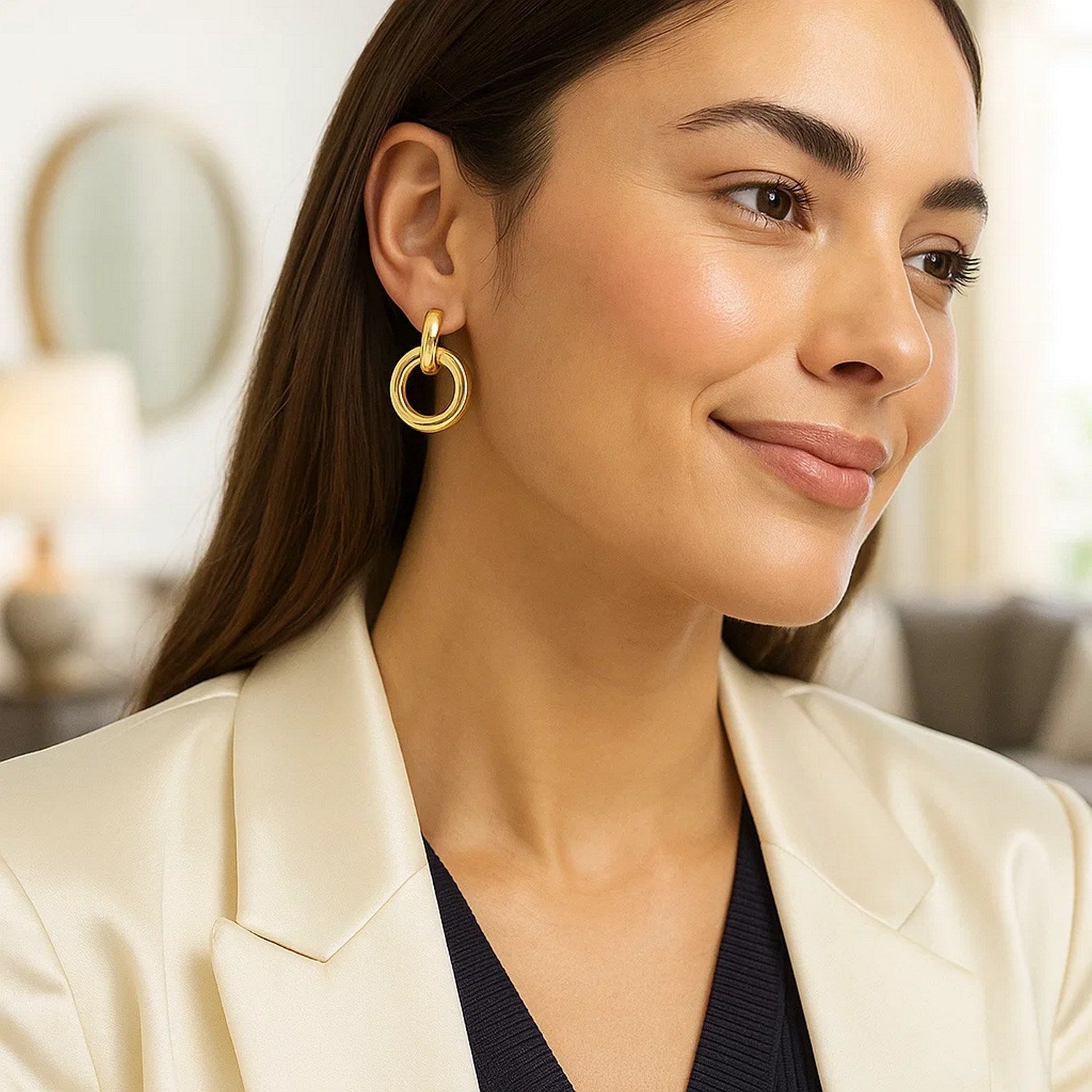14k yellow gold polished round linked hoop earrings with modern design, perfect for elegant occasions.