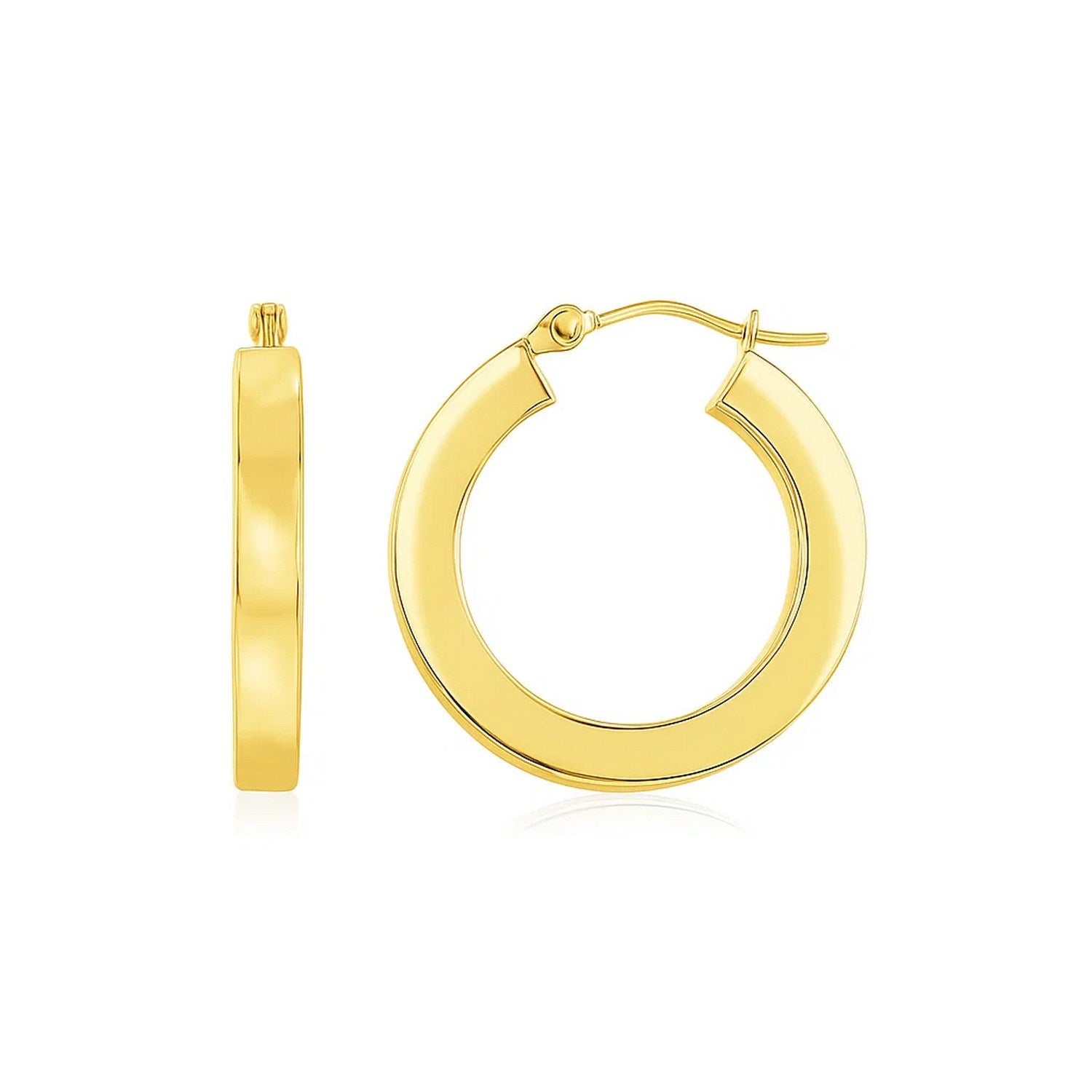 14k yellow gold polished hoop earrings with a modern design, perfect for elegant, everyday wear.