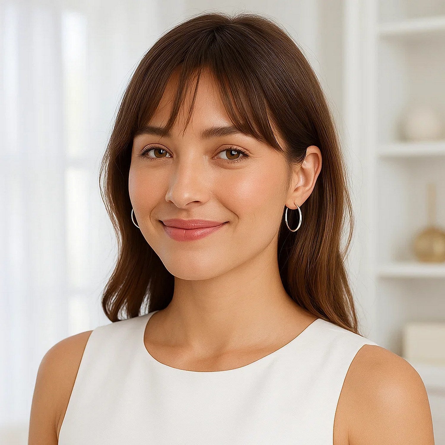Sterling silver polished thin hoop earrings with rhodium plating, showcasing a modern and elegant design.