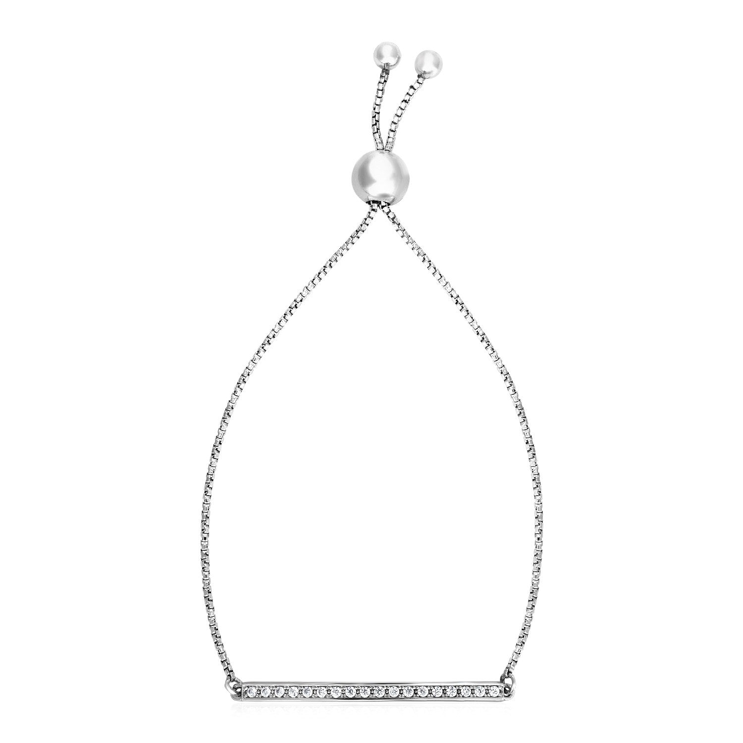 Adjustable sterling silver bar bracelet adorned with sparkling cubic zirconia in a modern prong setting.