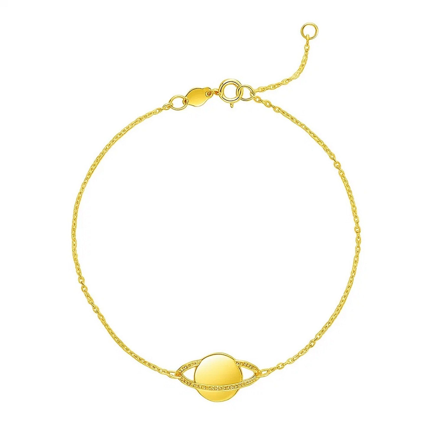14k yellow gold modern Saturn bracelet featuring elegant chain link design, perfect for luxury jewelry lovers.