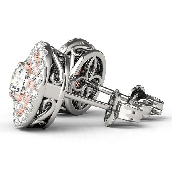 14k white and rose gold diamond halo earrings featuring a contemporary round design for elegant sophistication.
