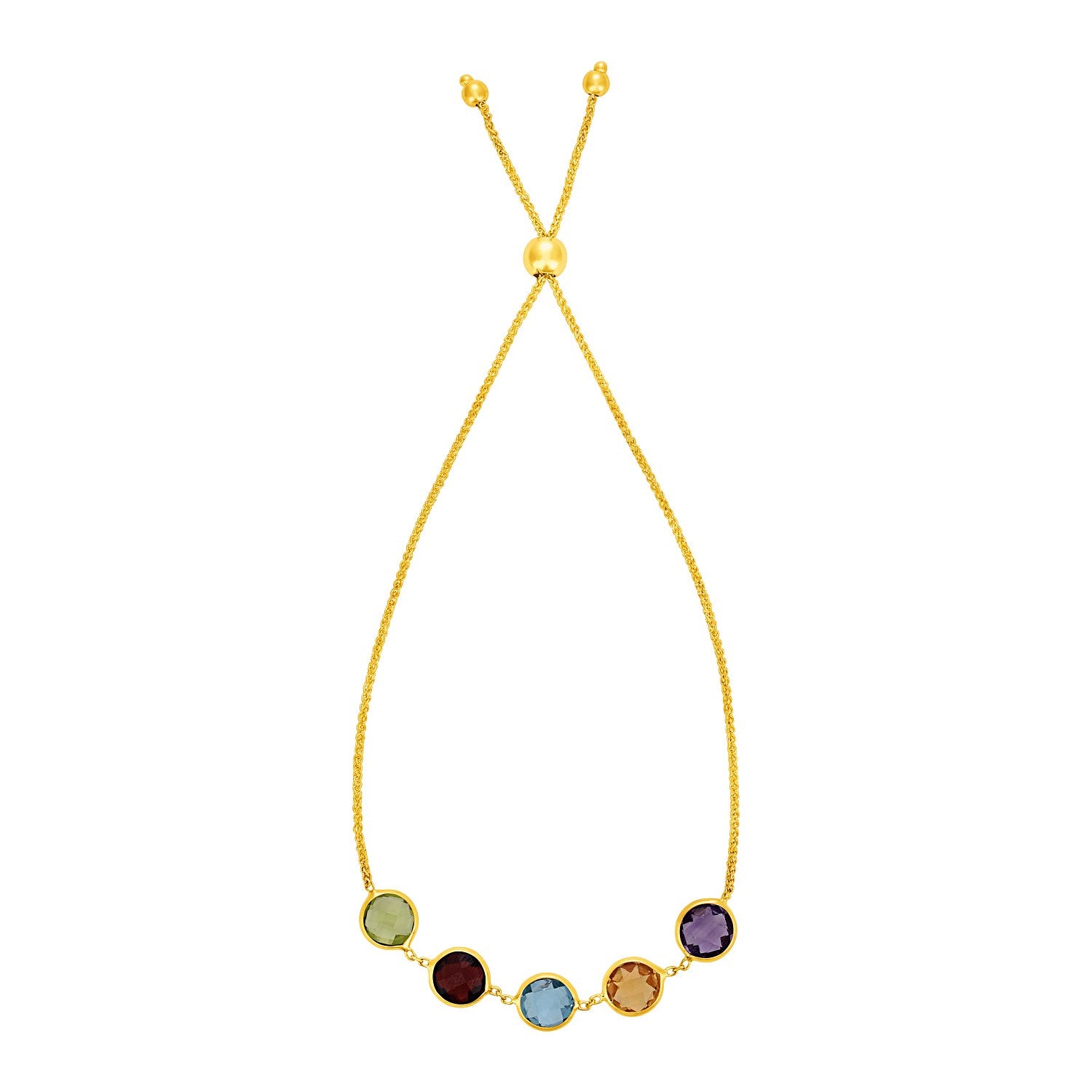 Adjustable 14k yellow gold bracelet featuring multicolored round gemstones in a modern bezel setting.