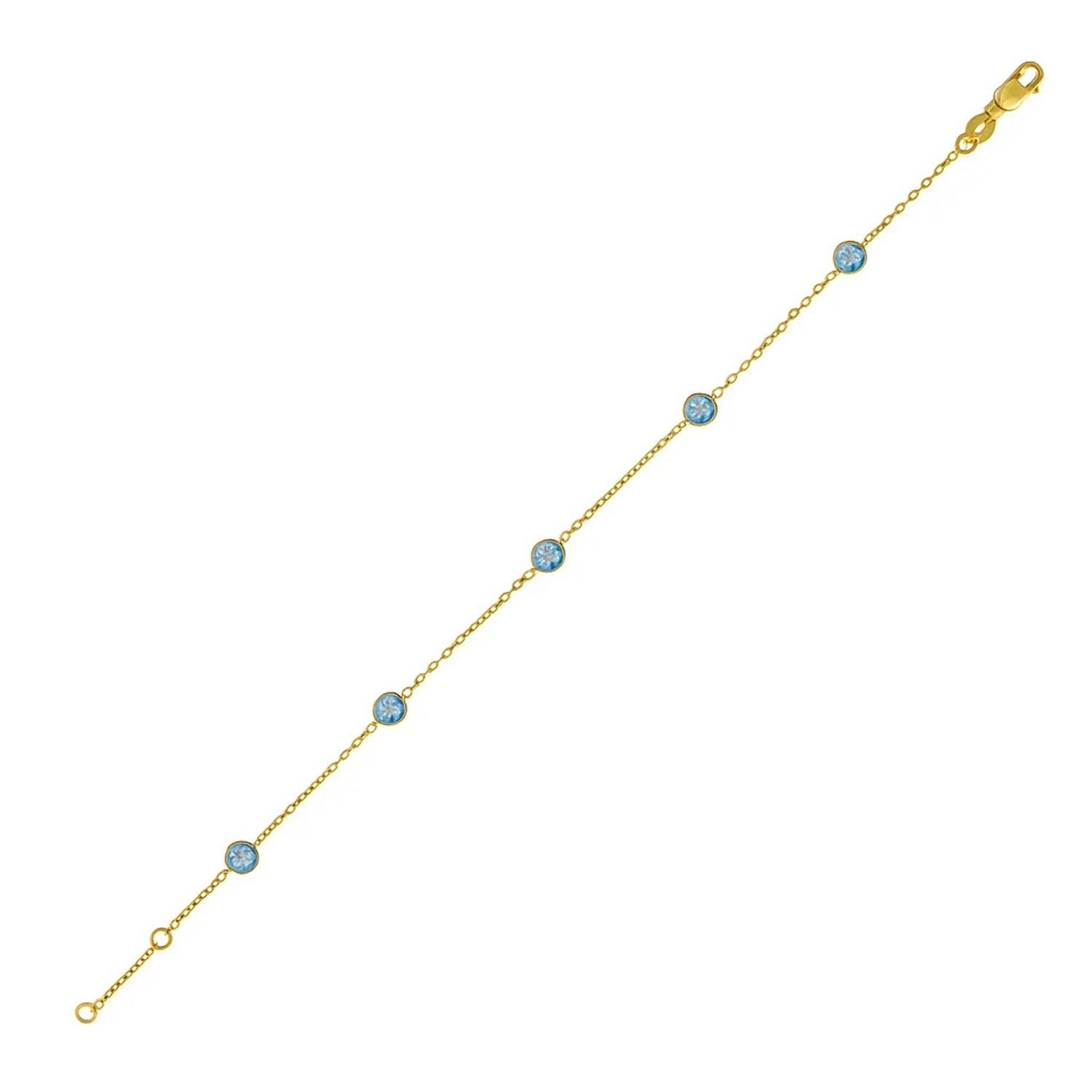 14k yellow gold aqua station bracelet featuring elegant bezel settings and a delicate chain design.