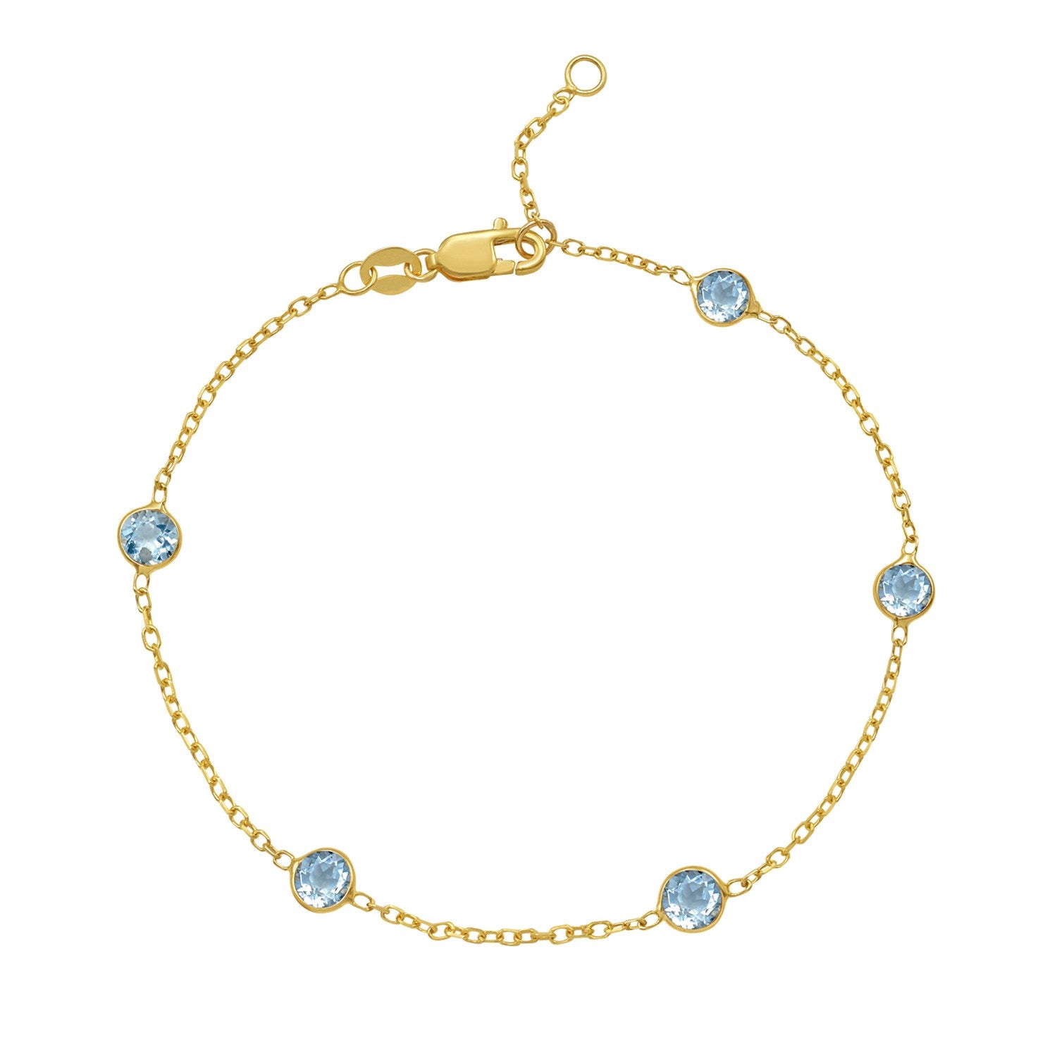 Elegant 14k yellow gold aqua station bracelet featuring a refined bezel setting and delicate chain design.