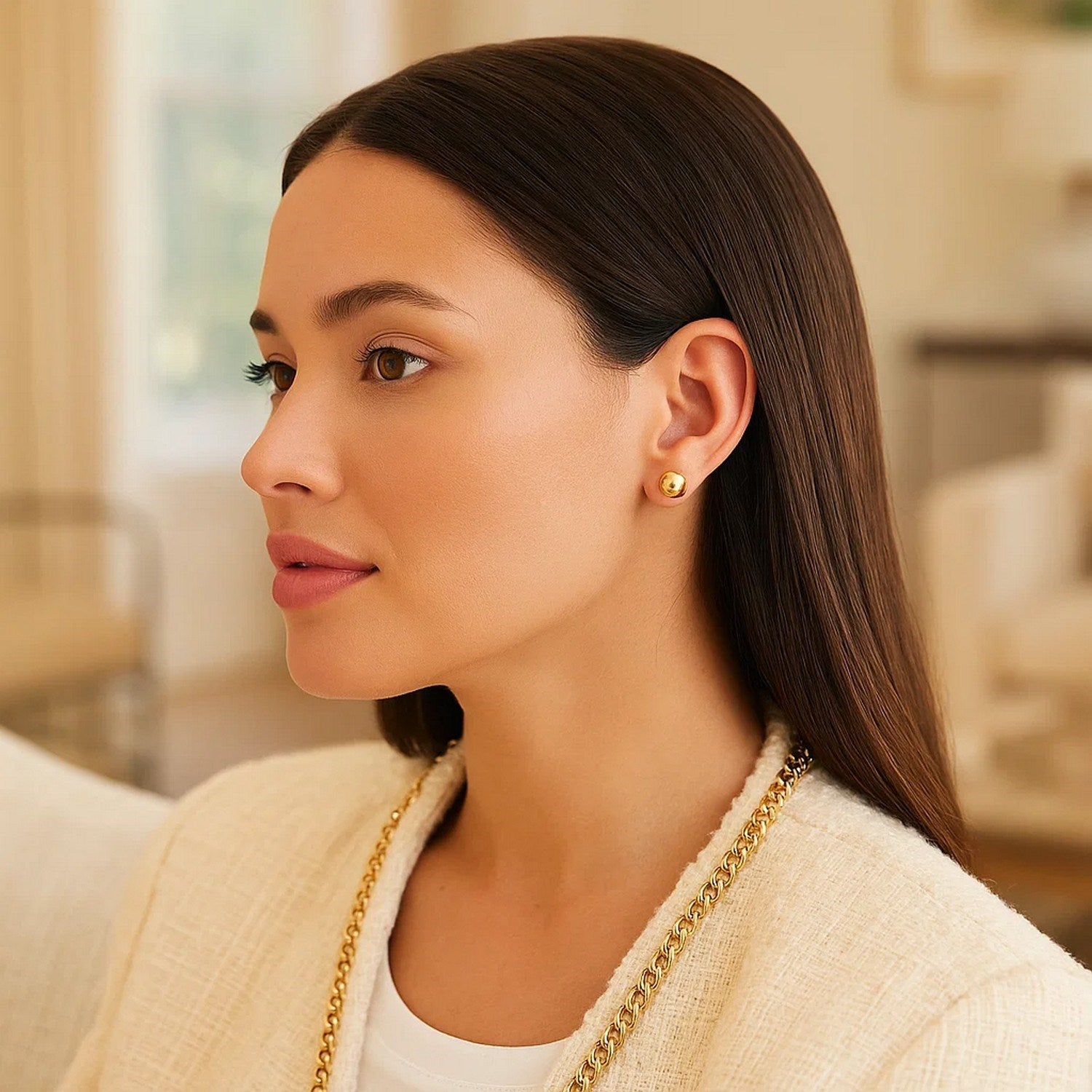 14k yellow gold polished stud earrings, minimalist design, 8mm size, perfect for elegant everyday wear.
