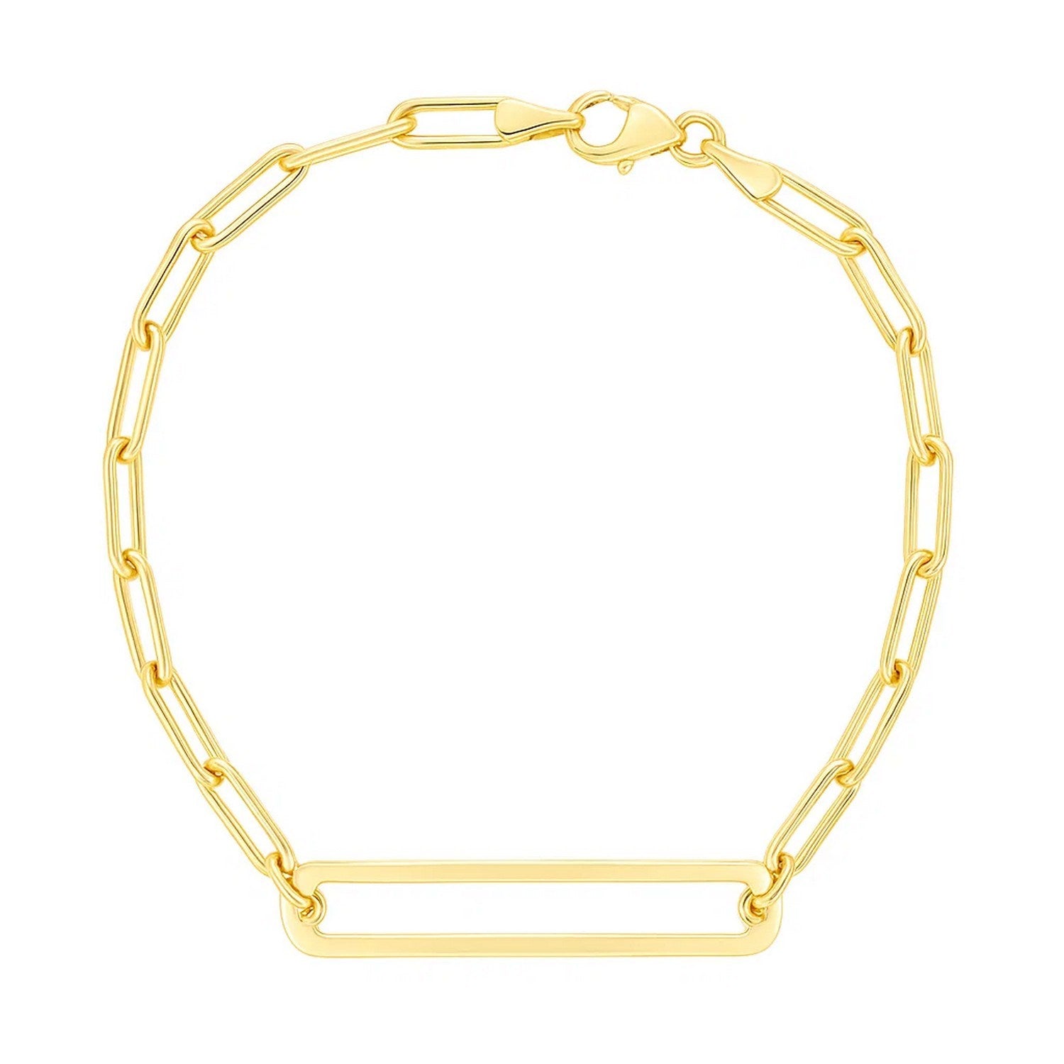 14k yellow gold high polish open curved paperclip bracelet, modern design with elegant link detail.