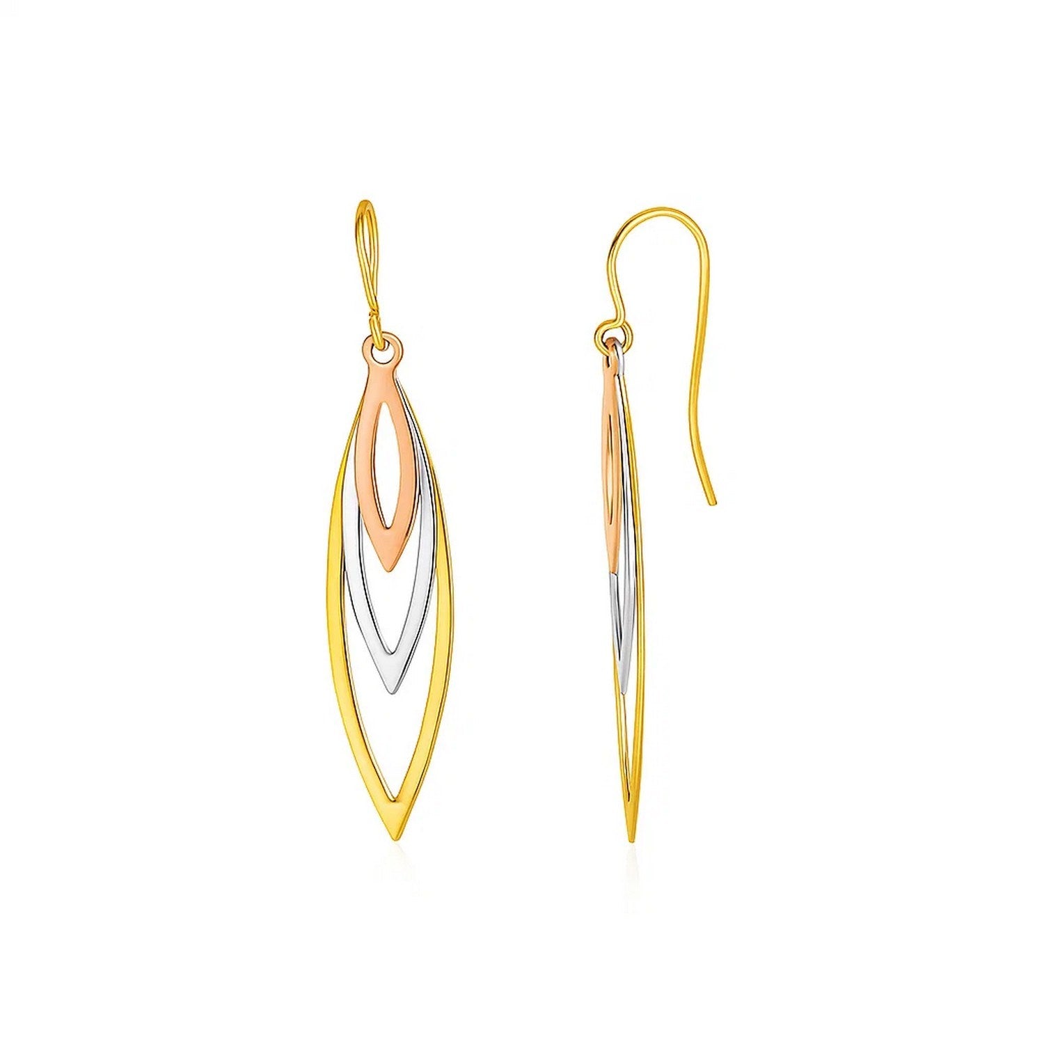 10k tri-tone gold graduated open marquise dangle earrings with a modern design, perfect for elegant occasions.