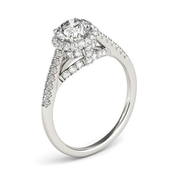 14k white gold round cut diamond engagement ring with pave set shank and modern halo design, 1 3/8 cttw.