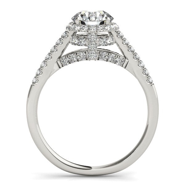 14k white gold round cut pave set diamond engagement ring with halo and modern prong setting, 1 3/8 cttw.