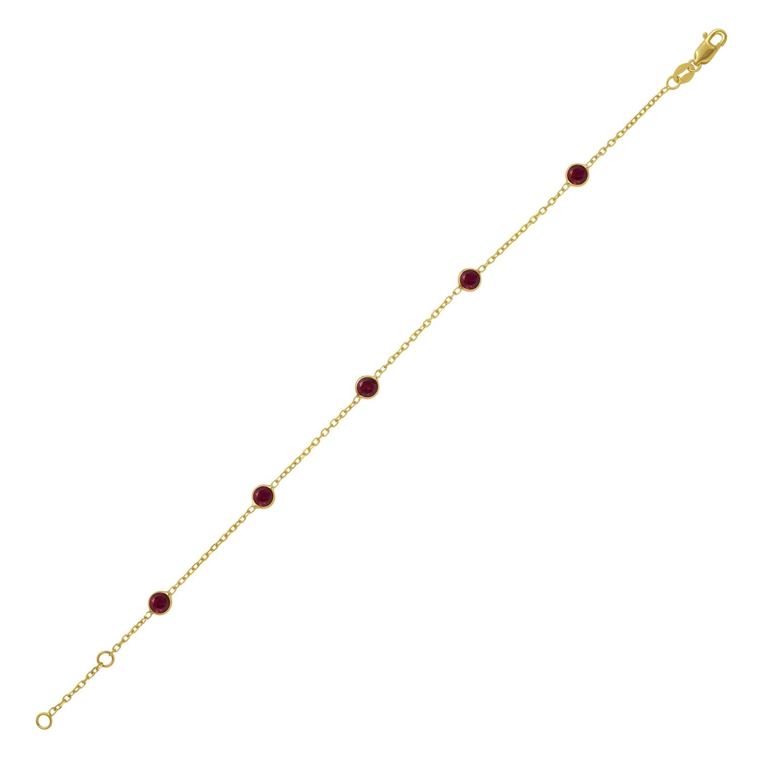 14k yellow gold ruby station bracelet featuring modern bezel settings and an elegant chain design.