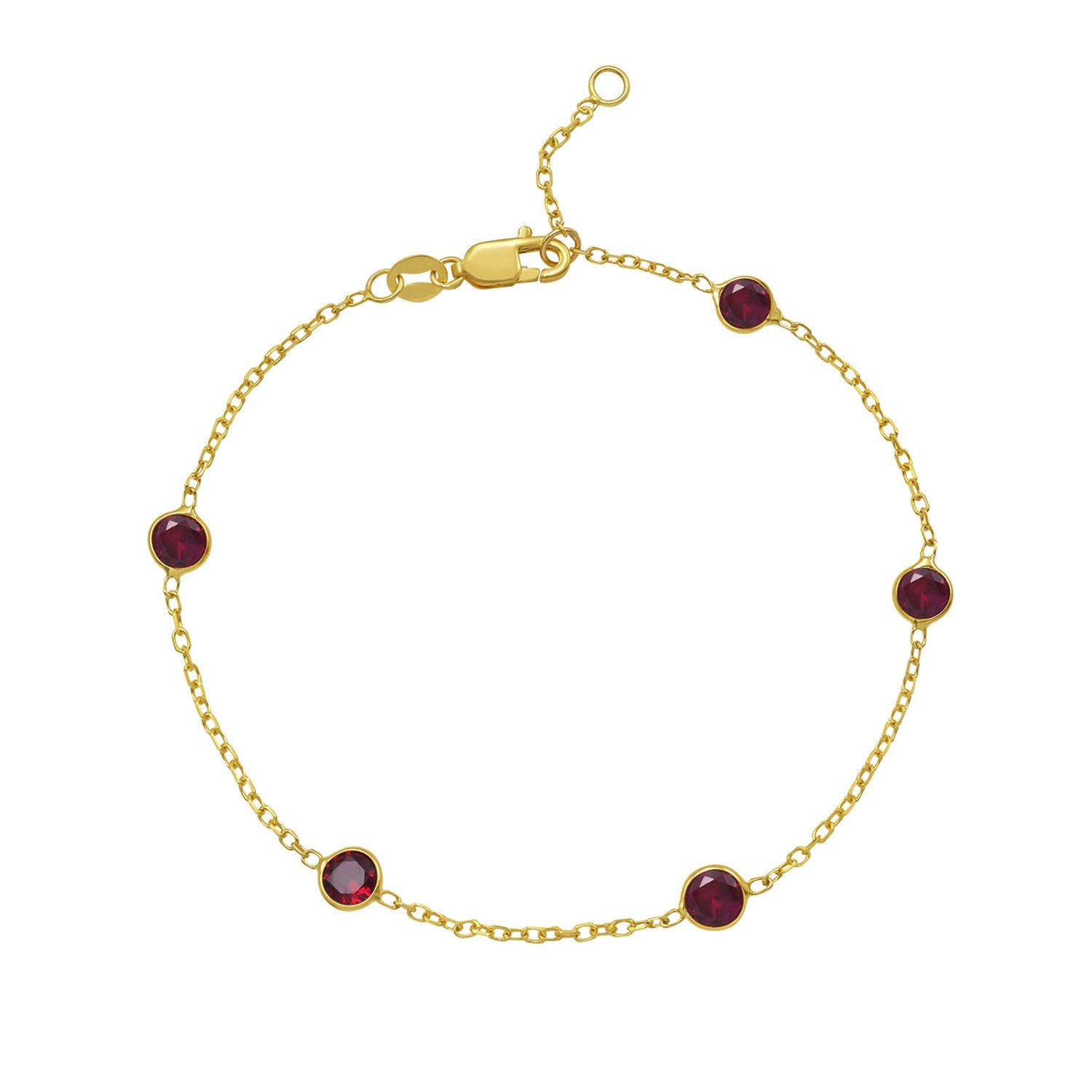 14k yellow gold ruby station bracelet featuring bezel settings and a modern chain design for elegant sophistication.