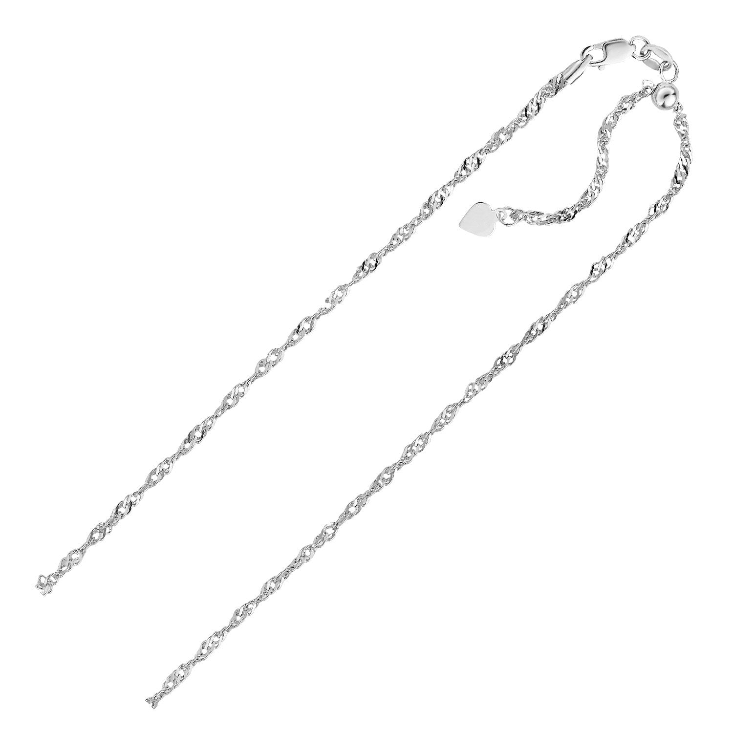 Sterling silver 1.5mm adjustable Singapore chain featuring a sleek modern design and elegant dangle accents.