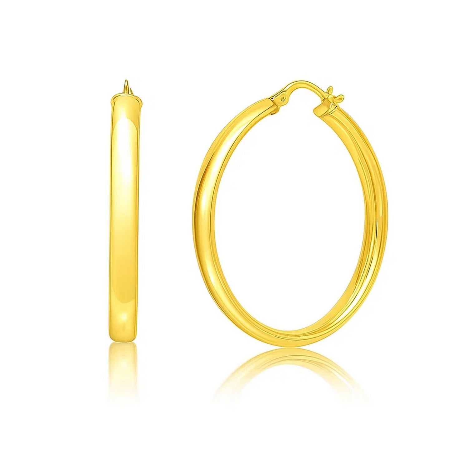 14K yellow gold polished medium wedding hoop earrings with a sleek modern design, perfect for elegant occasions.