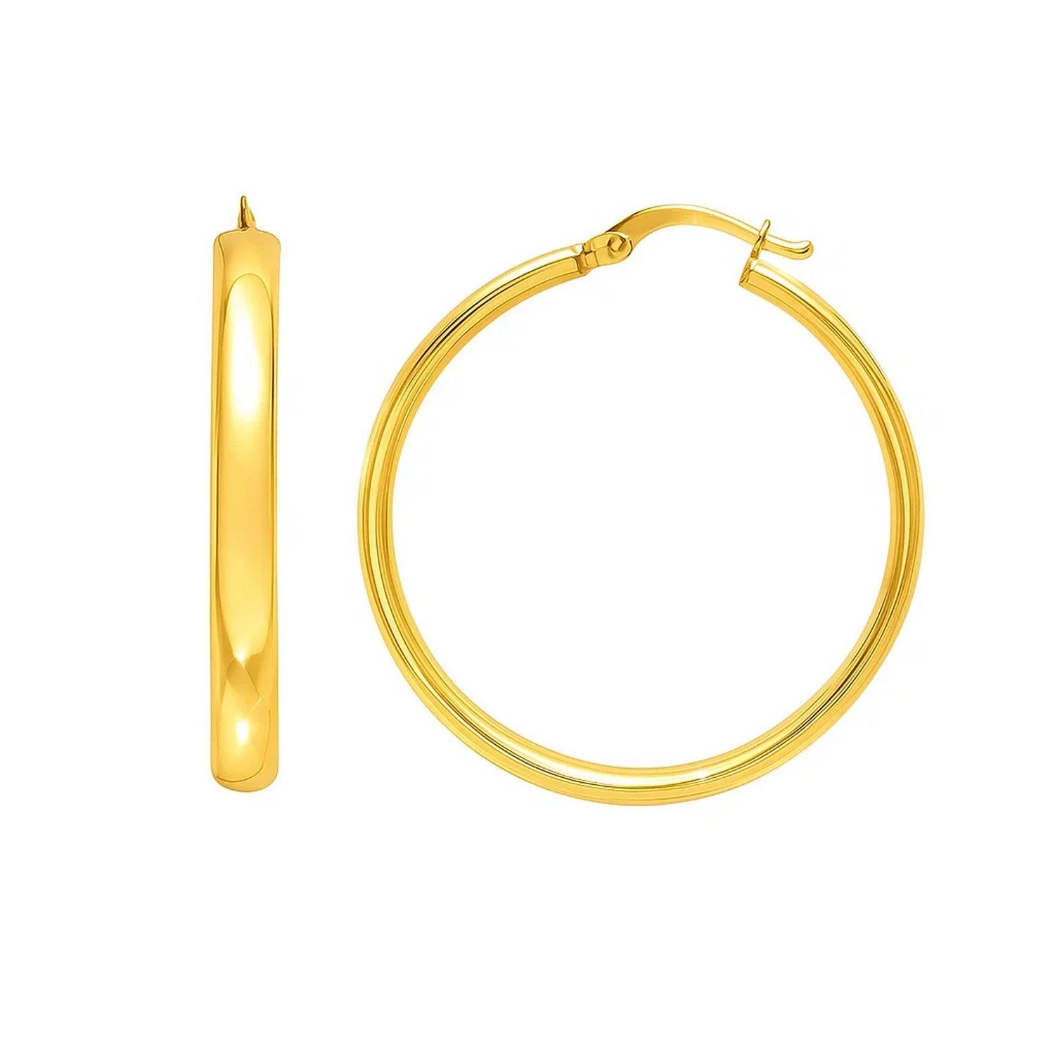 14K yellow gold polished medium wedding hoop earrings with a sleek modern design and elegant round shape.
