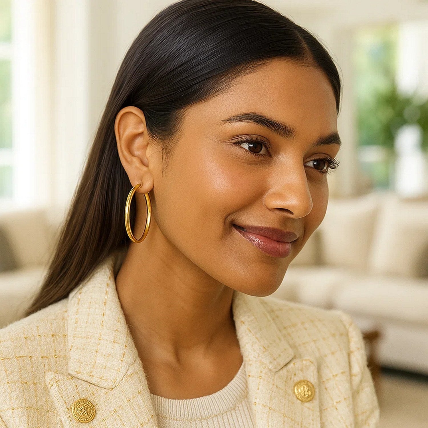 14K yellow gold polished medium wedding hoop earrings with a modern design, perfect for elegant occasions.
