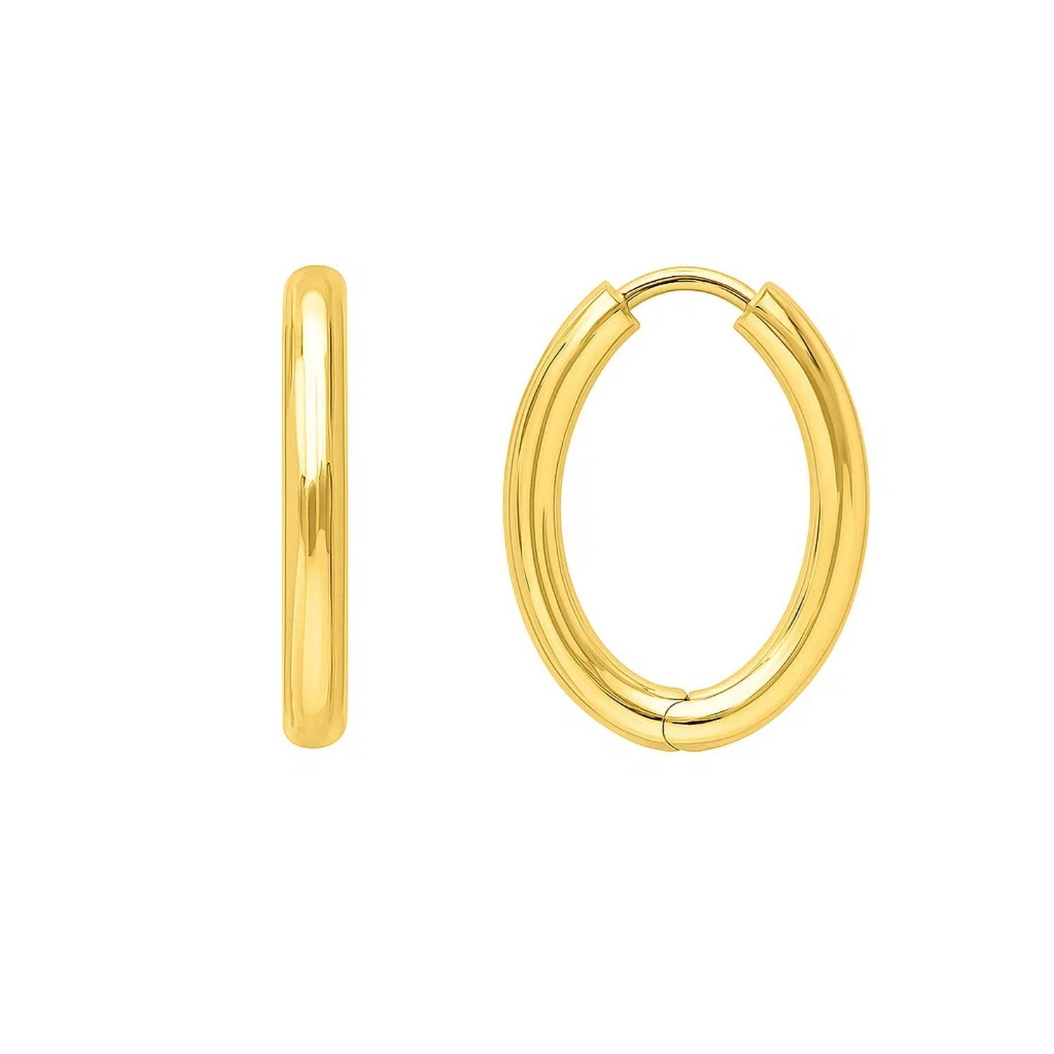 14k yellow gold textured hoop earrings with a modern oval design, perfect for elegant everyday wear.