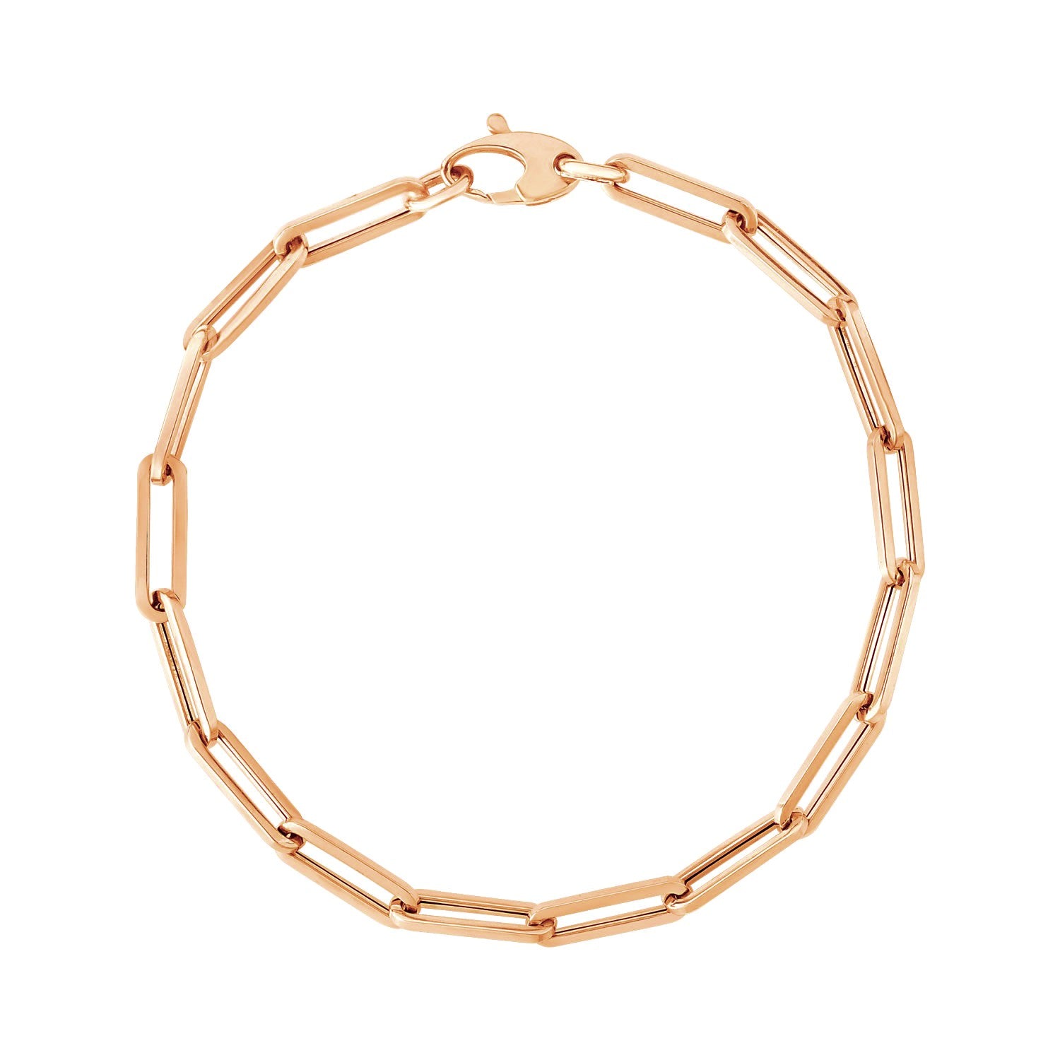 14K rose gold bold paperclip chain bracelet featuring modern links, perfect for elegant layering or standalone wear.