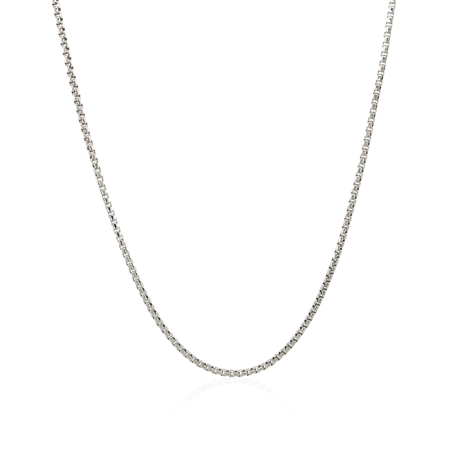 Sterling silver rhodium plated round box chain, modern design, 1.30 mm width, perfect for layering or standalone elegance.