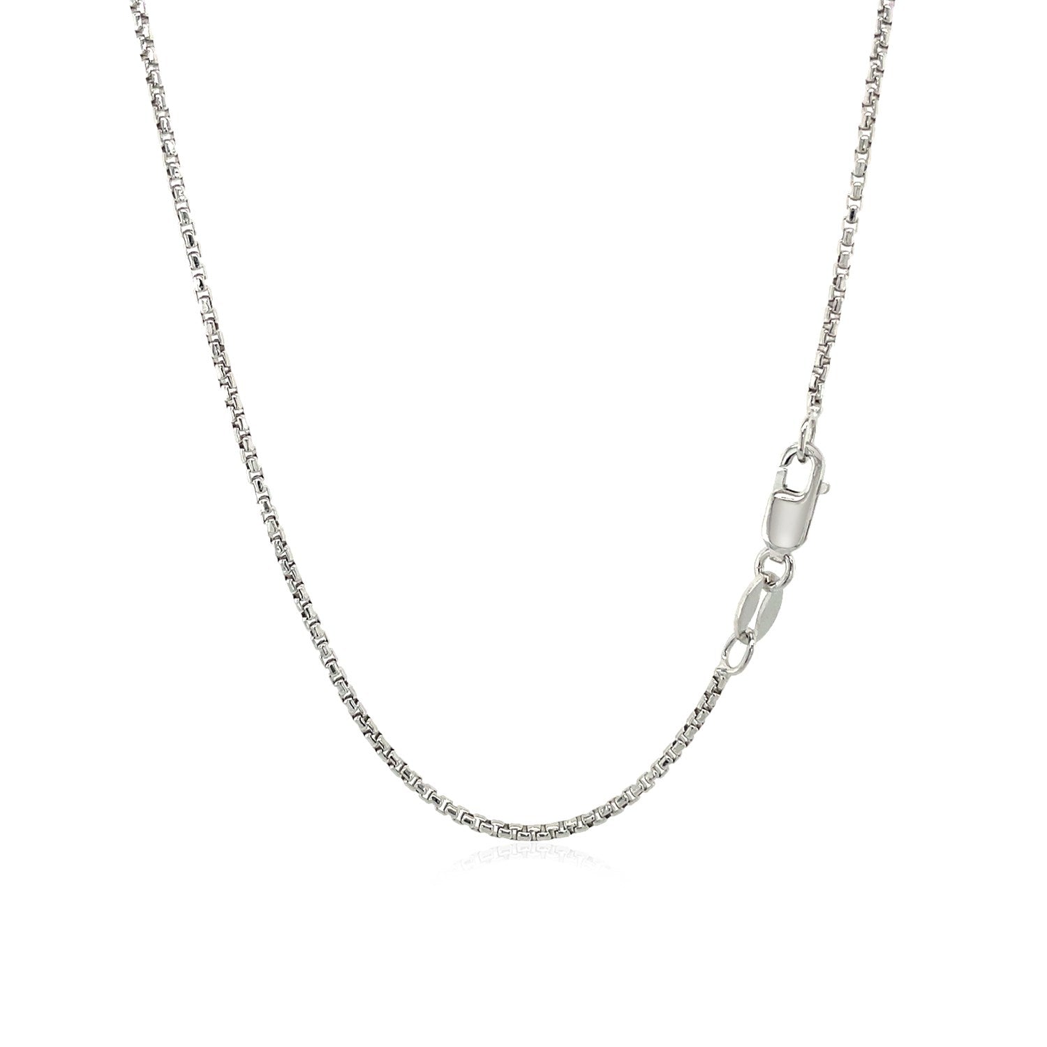 Sterling silver rhodium plated round box chain, modern design, 1.30 mm width, perfect for layering or standalone elegance.
