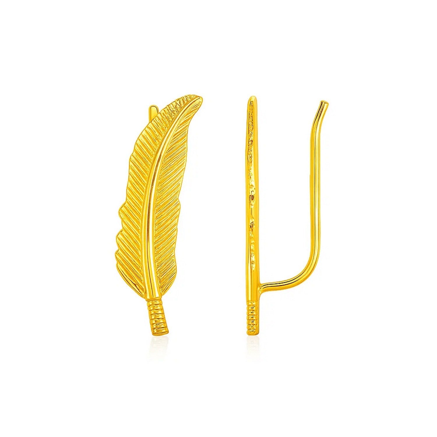 14k yellow gold textured feather climber earrings, showcasing a modern design for a luxurious touch.