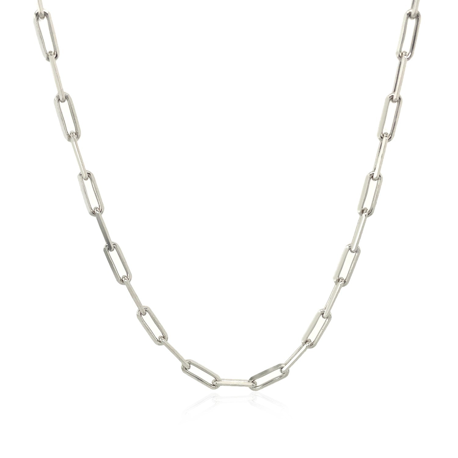 Sterling silver rhodium plated paperclip chain with modern links, showcasing elegance and versatility in luxury jewelry.