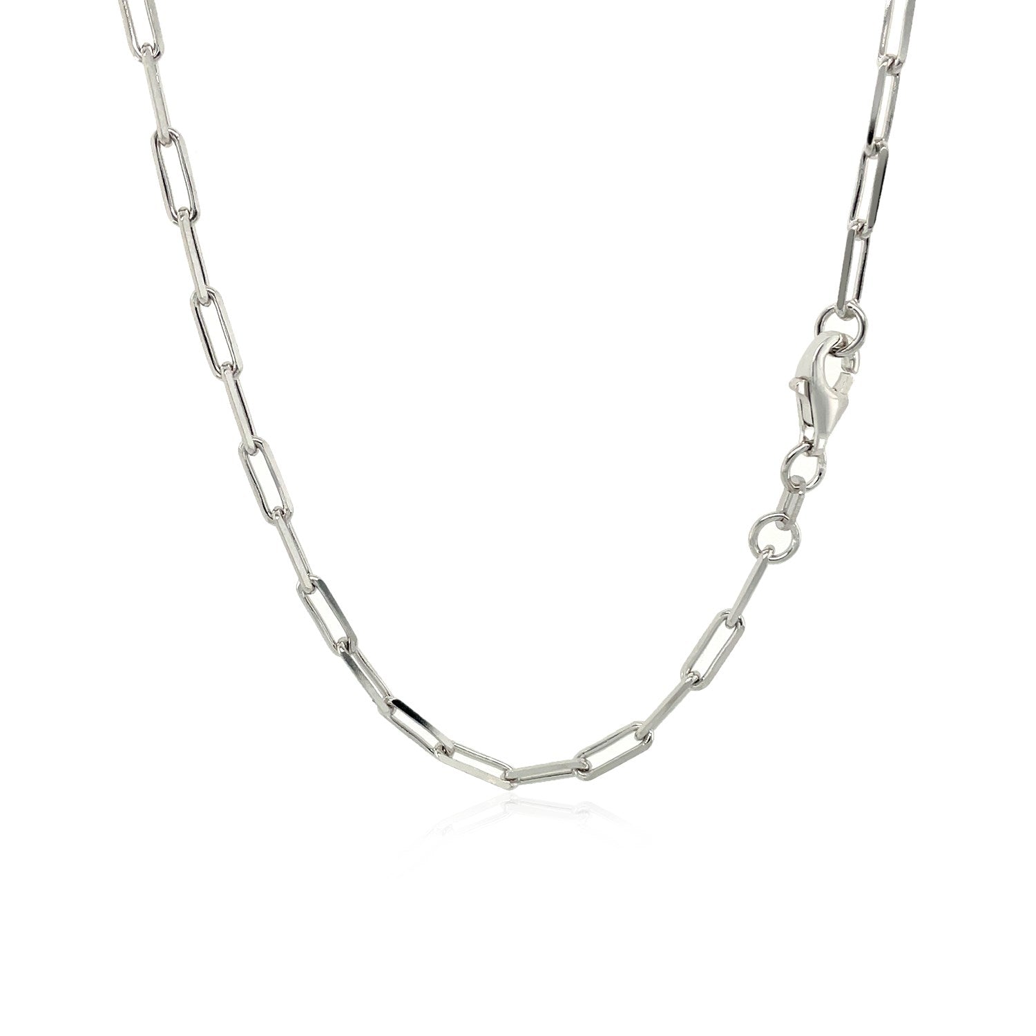 Sterling silver rhodium plated paperclip chain with modern links, perfect for layering or standalone elegance.