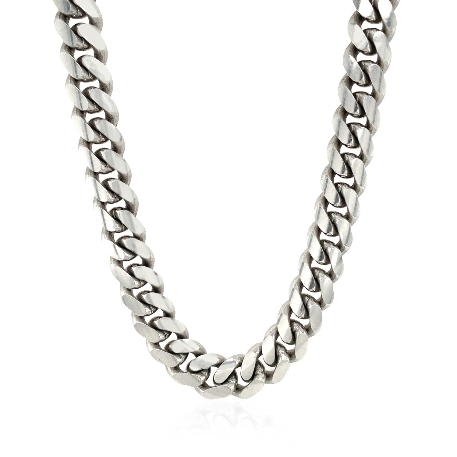 Sterling silver rhodium plated Miami Cuban chain with modern link design, 9.80 mm width, perfect for luxury layering.