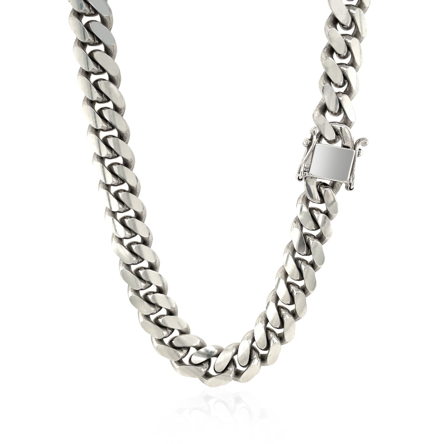 Sterling silver rhodium plated Miami Cuban chain with modern link design, showcasing luxury and elegance.