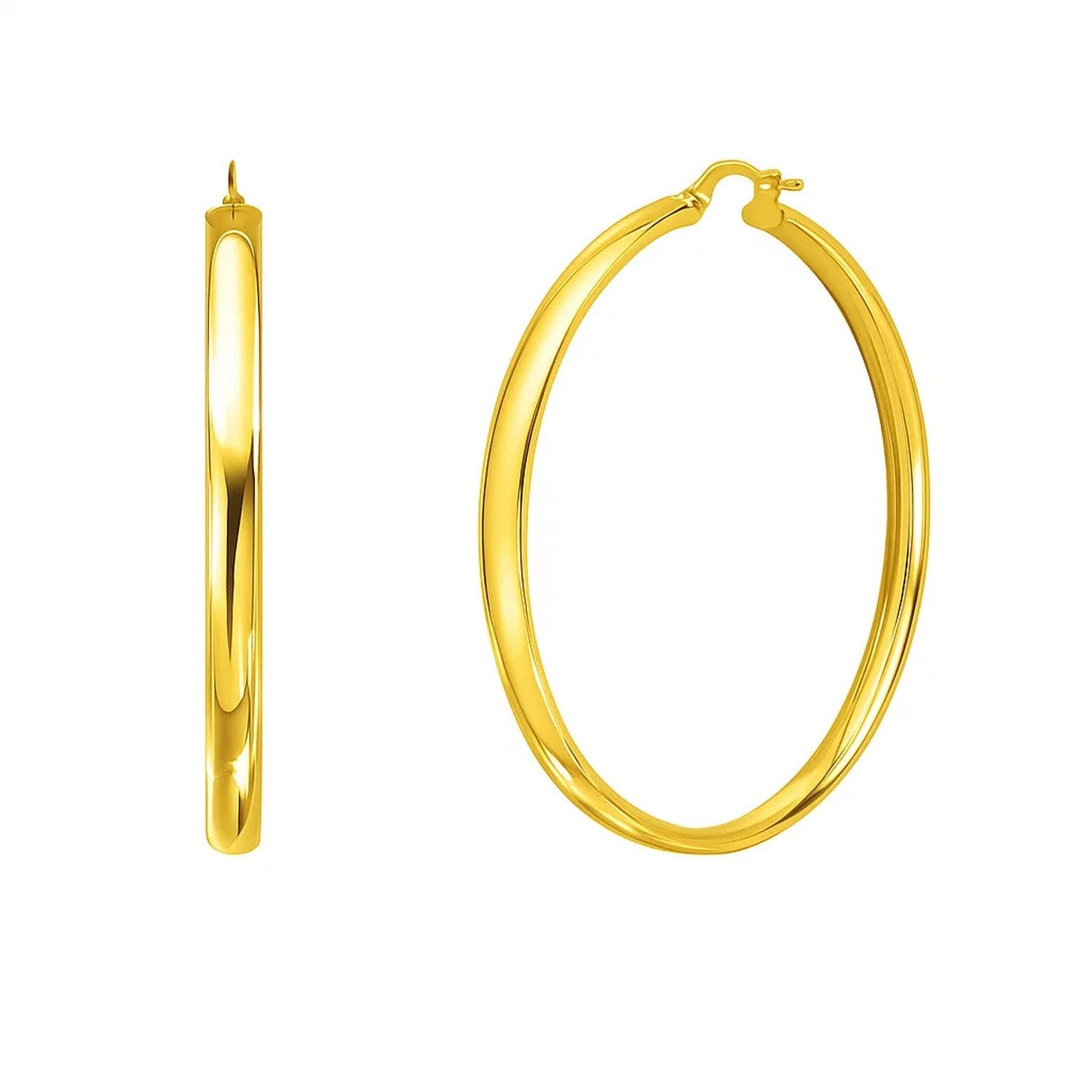 14k yellow gold polished hoop earrings with a sleek modern design, perfect for elegant everyday wear.