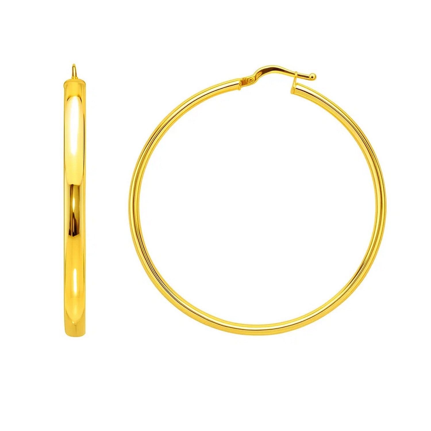 14K yellow gold polished hoop earrings showcasing a modern design with a sleek, elegant finish.