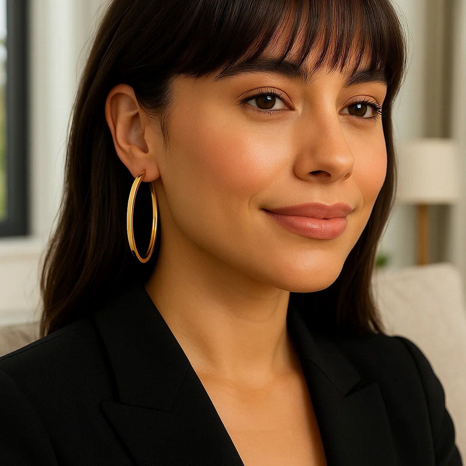 14k yellow gold polished hoop earrings with a sleek modern design, perfect for elevating any luxury jewelry collection.