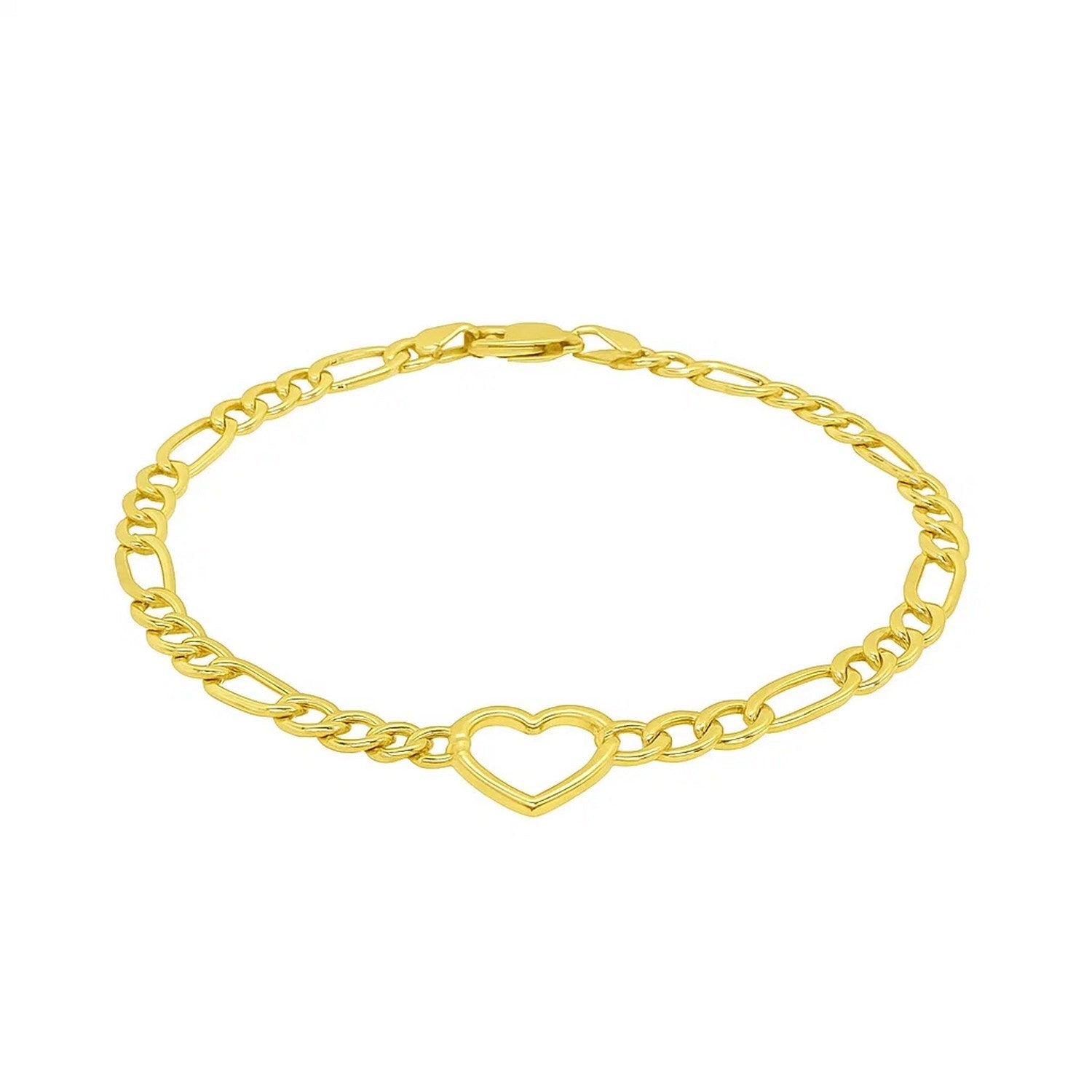 14k yellow gold Figaro chain bracelet with heart detail, contemporary design, 7 inches long, 4.50 mm links.