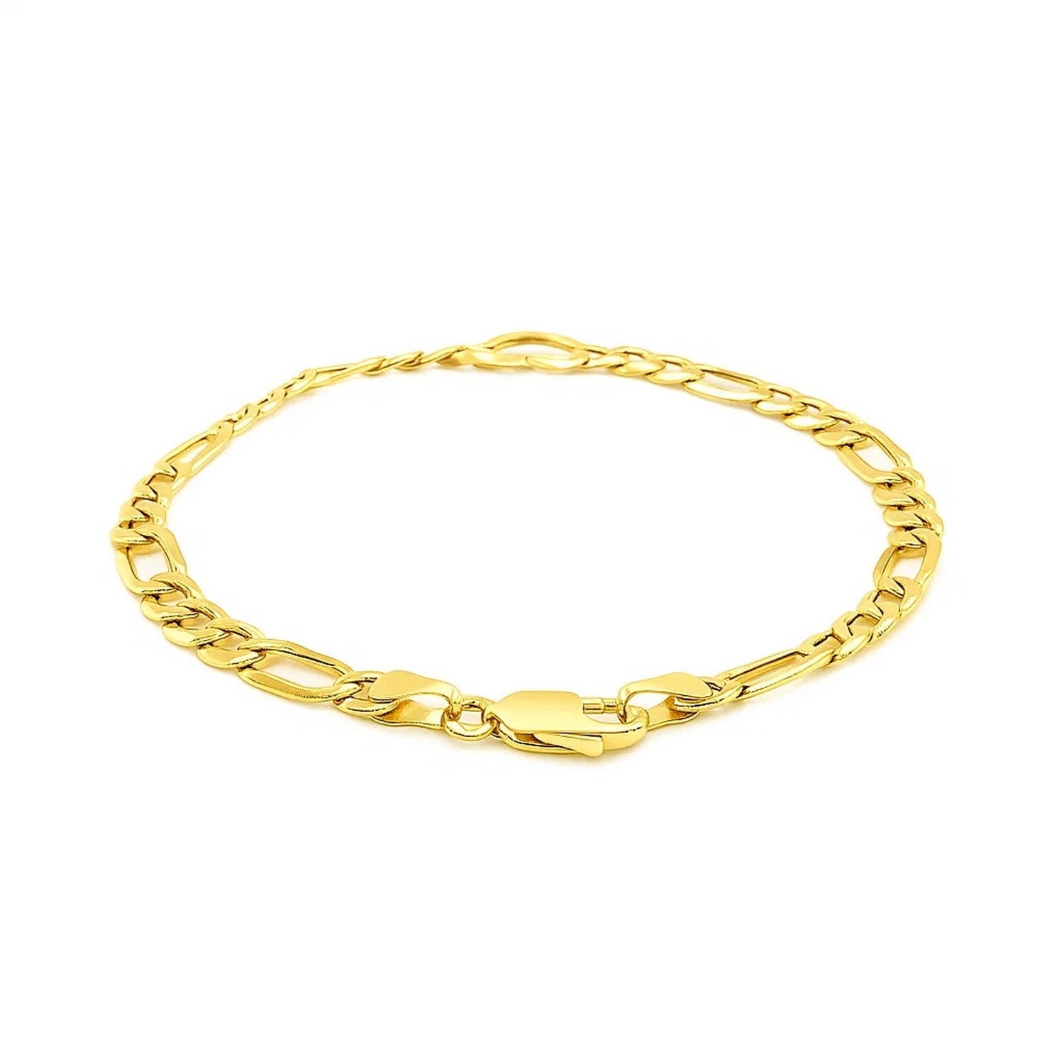 14k yellow gold Figaro chain bracelet with heart detail, contemporary design, 7 inches long, 4.50 mm links.