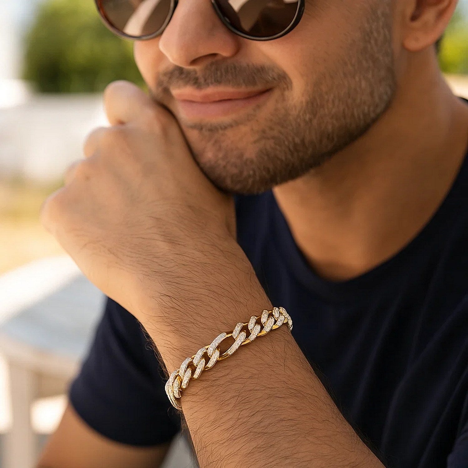 14k yellow gold modern Figaro bracelet with high polish finish and elegant link design, perfect for luxury styling.