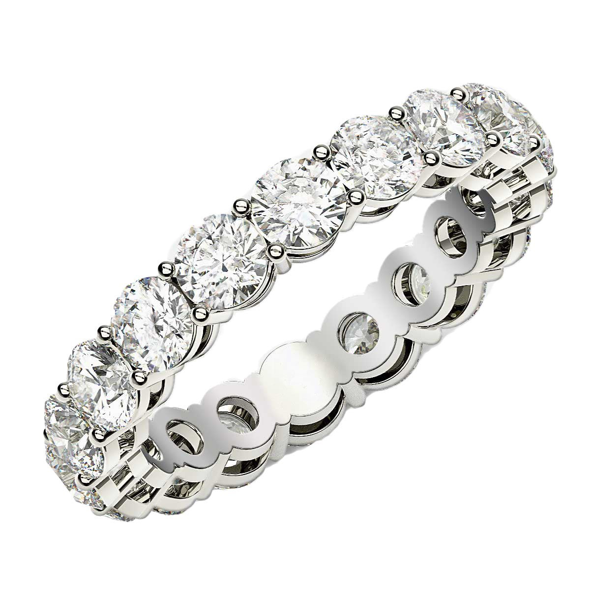 Round cut lab-grown diamond eternity ring in 14k white gold, featuring a modern prong setting for timeless elegance.