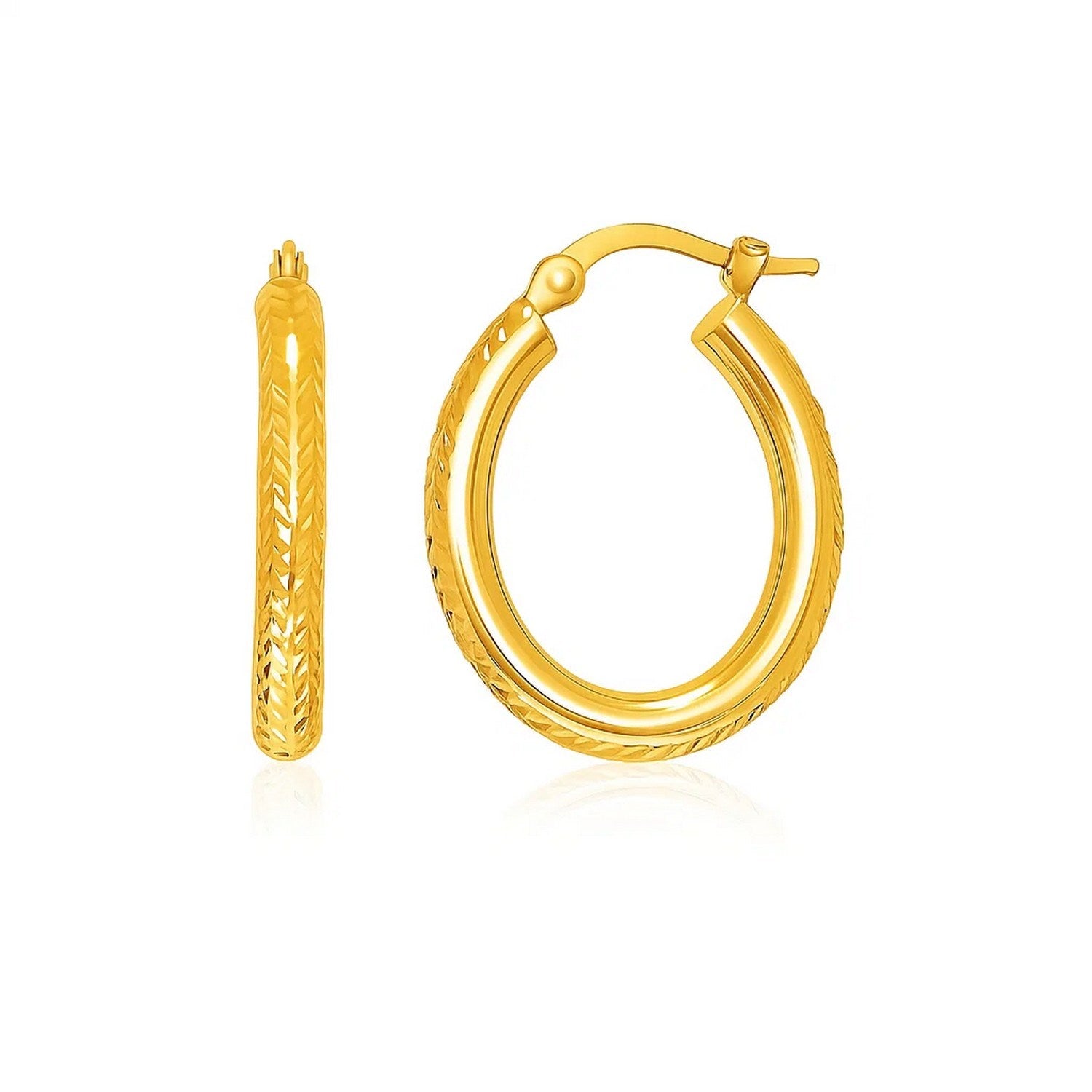 14k yellow gold diamond cut textured hoop earrings, elegantly designed for a luxurious statement.