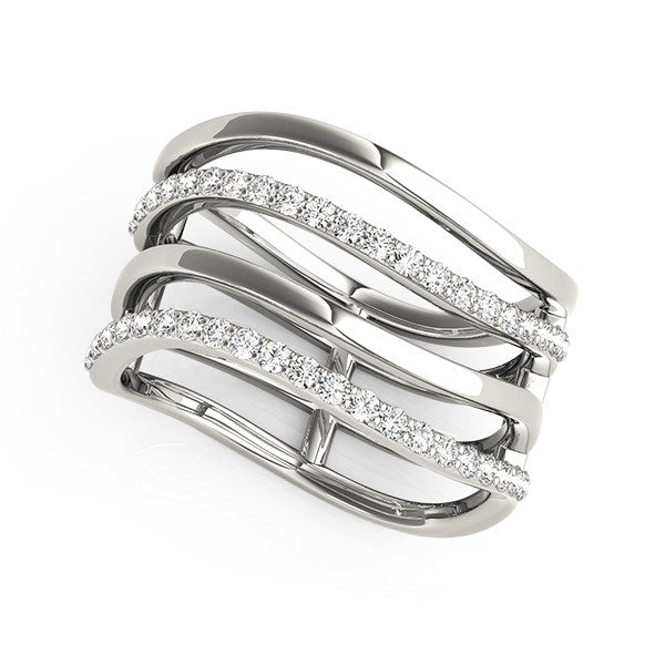14k white gold modern multiple band ring adorned with sparkling diamonds in a refined prong setting.