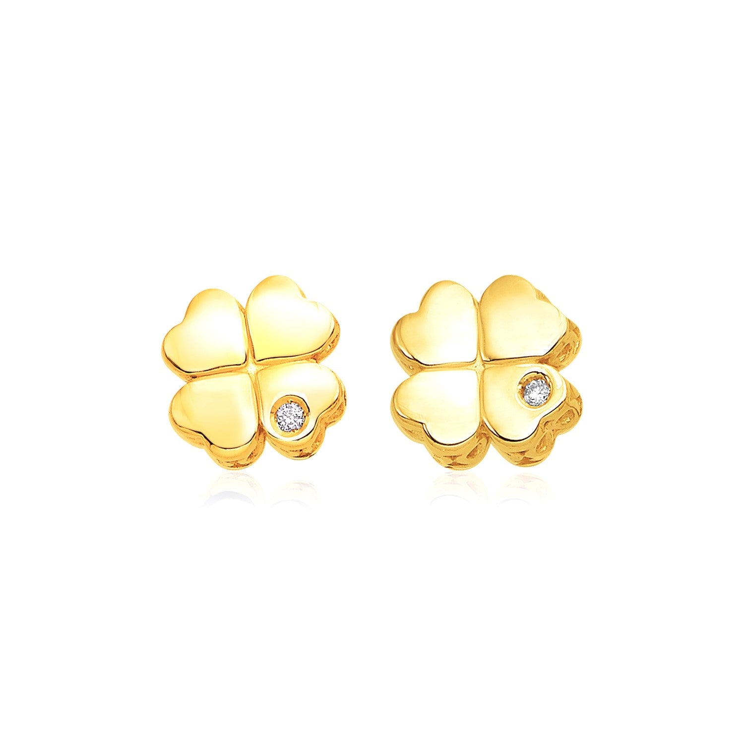 14k yellow gold polished four leaf clover earrings featuring round diamonds in a modern bezel setting.