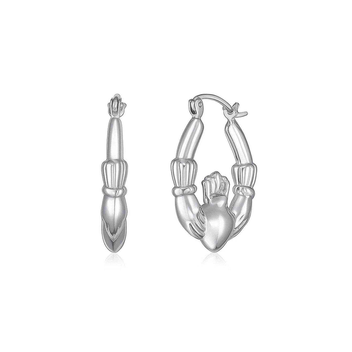 14k white gold polished Claddagh hoop earrings, embodying modern elegance and timeless craftsmanship.