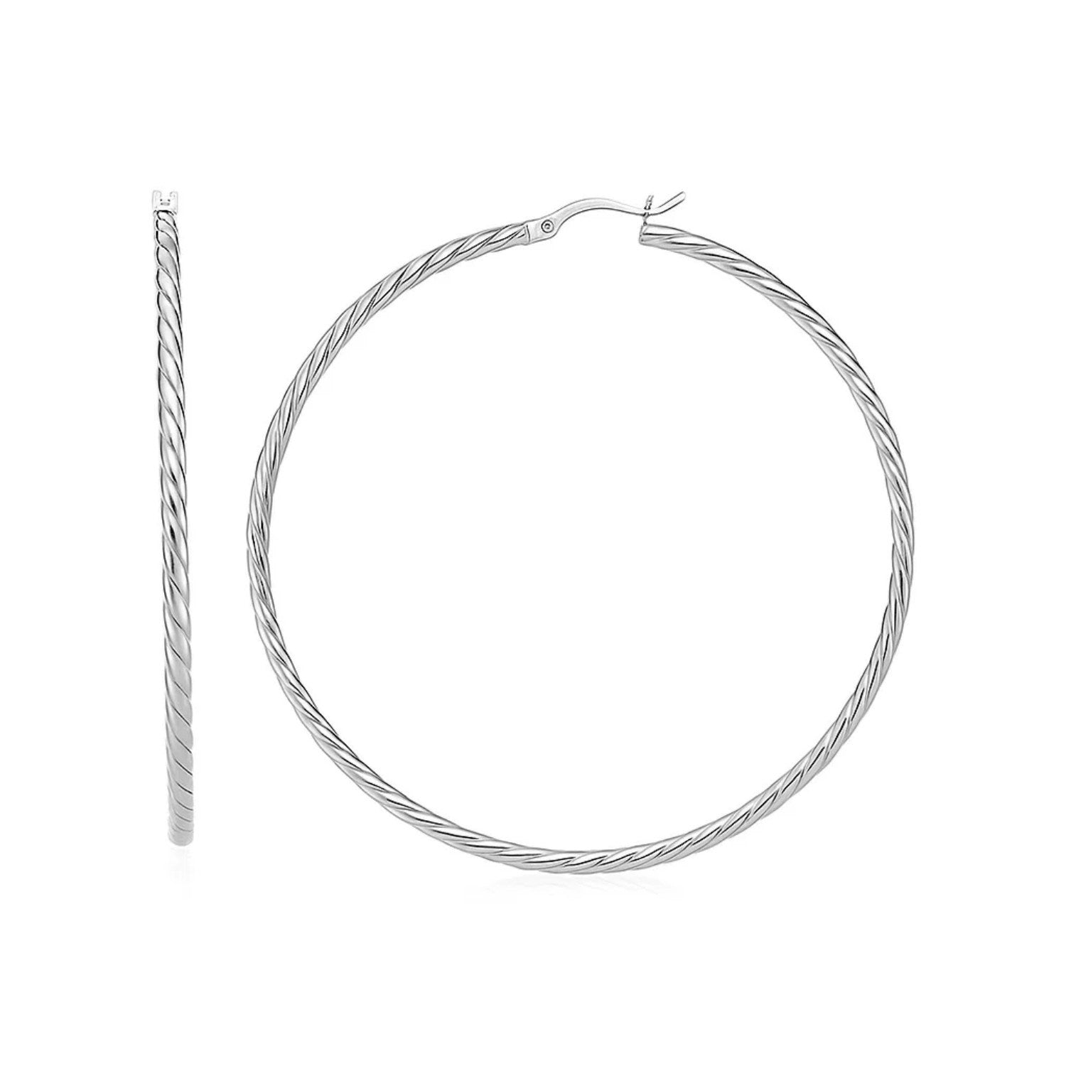 Sterling silver twist textured hoop earrings exuding elegance and sophistication for a luxurious look.