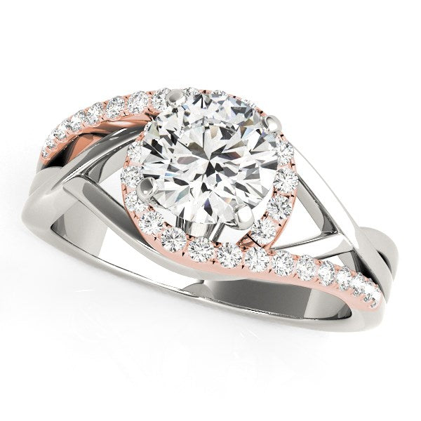 14k white and rose gold bypass engagement ring featuring a halo of dazzling diamonds in a modern prong setting.