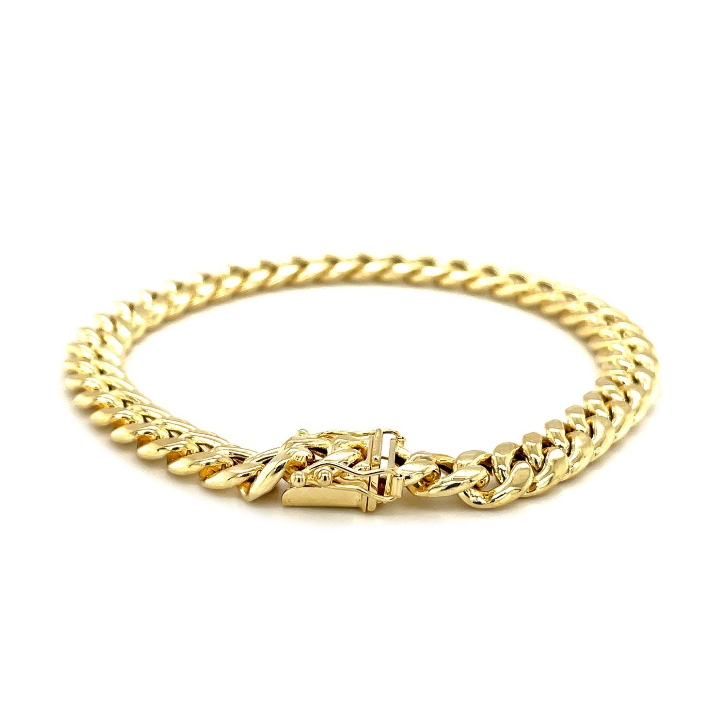 14k yellow gold semi-solid Miami Cuban bracelet with modern link design, 7.20 mm width, perfect for luxury styling.